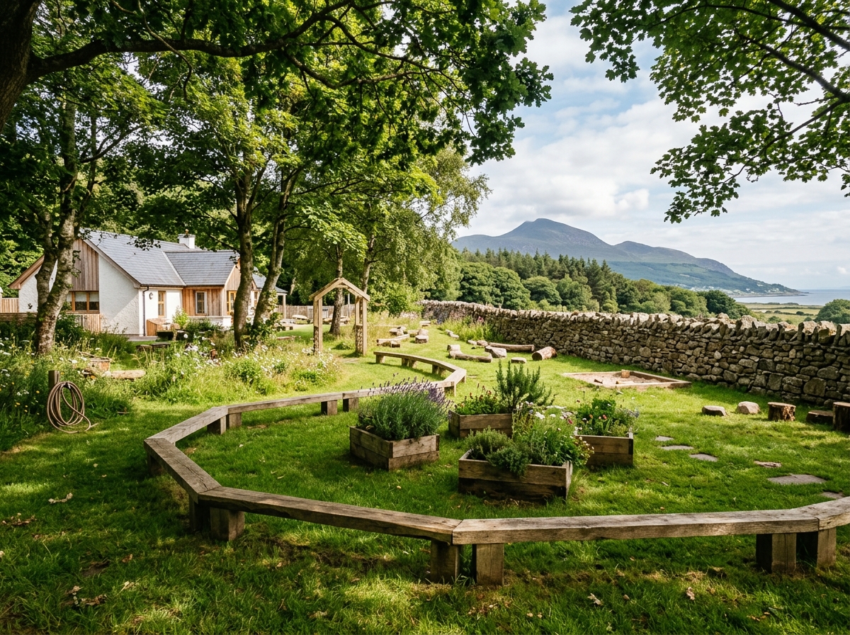 Illustrative view of the outdoor nature play garden with timber balance beams, herb planters, and Mourne foothills