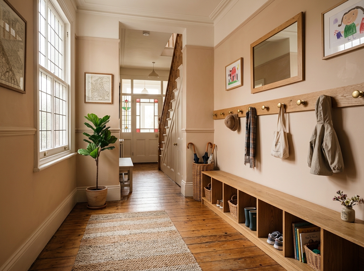 Illustrative interior view of the tranquil entrance hall with wooden coat pegs and timber flooring