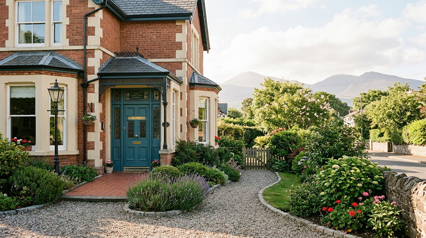 Illustrative photograph of 75 Bryansford Road in Newcastle County Down with welcoming painted entrance door and garden path