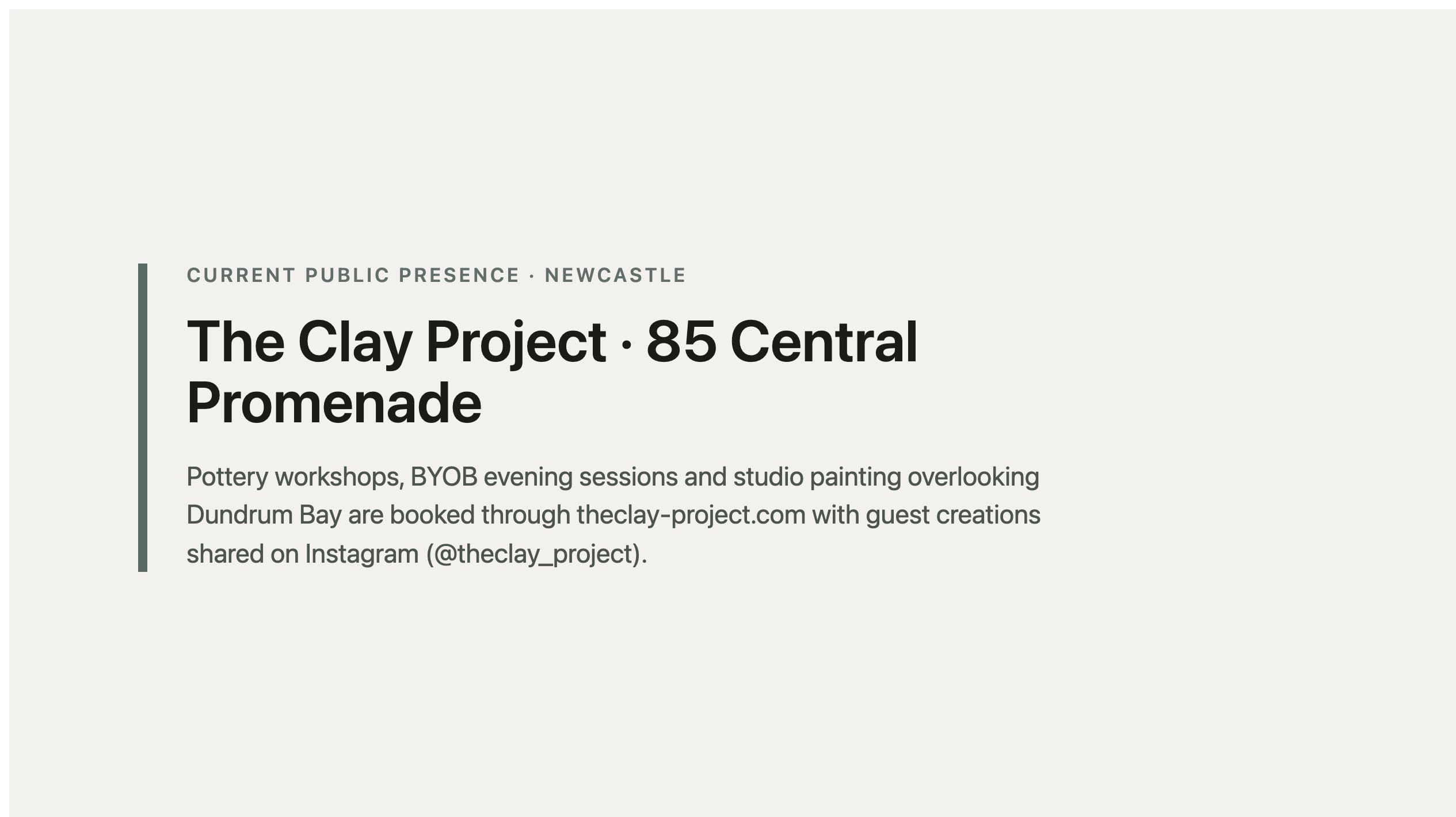 Labelled placeholder for The Clay Project's current public presence (theclay-project.com and Instagram) — not a live-site screenshot; a matched capture was not filed for the 27 August 2026 publish