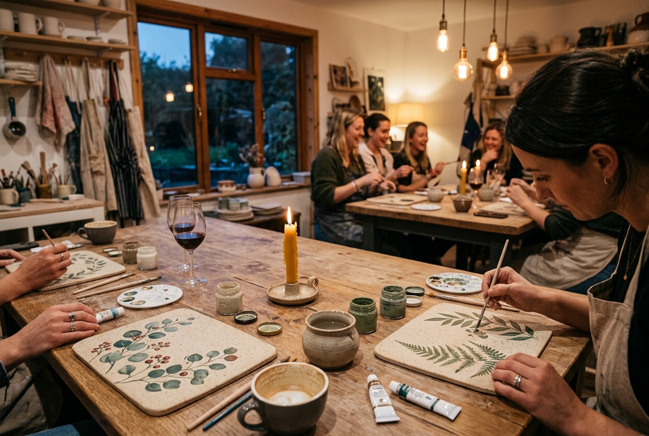 AI-generated illustrative twilight ceramic workshop with guests painting platters by candlelight