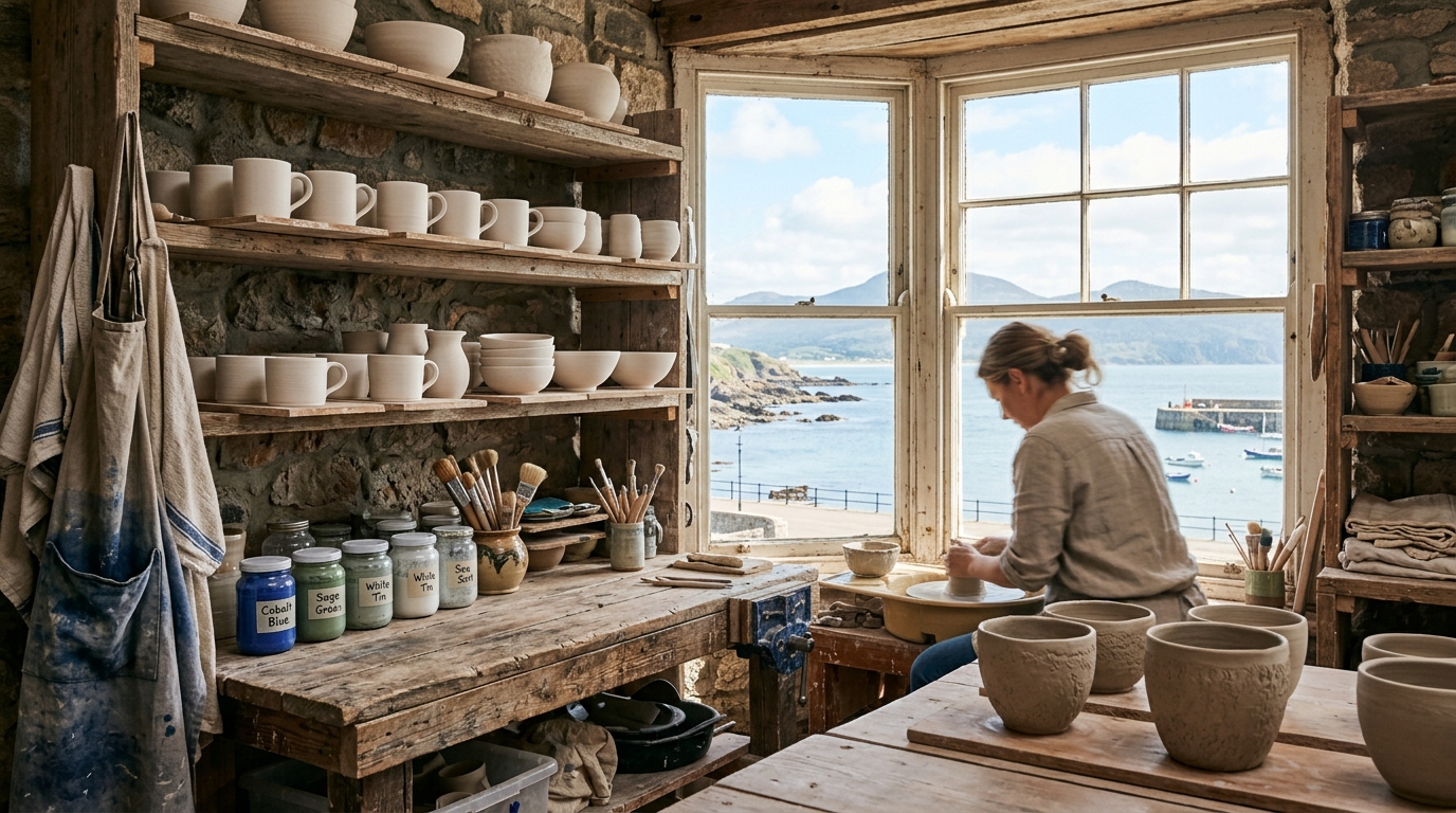 AI-generated illustrative view inside The Clay Project studio overlooking the Irish Sea in Newcastle