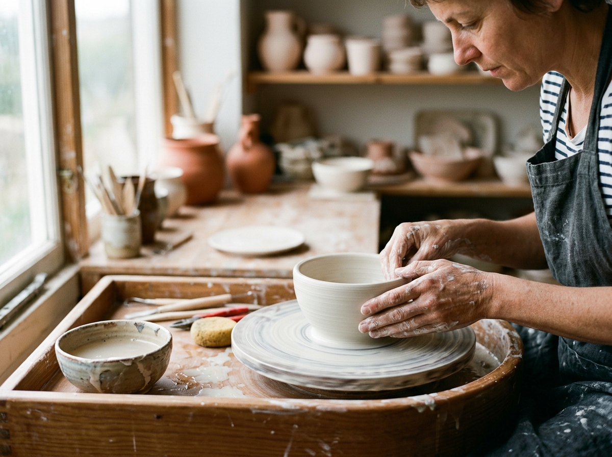 AI-generated close-up of ceramicist hands shaping porcelain on a potter's wheel