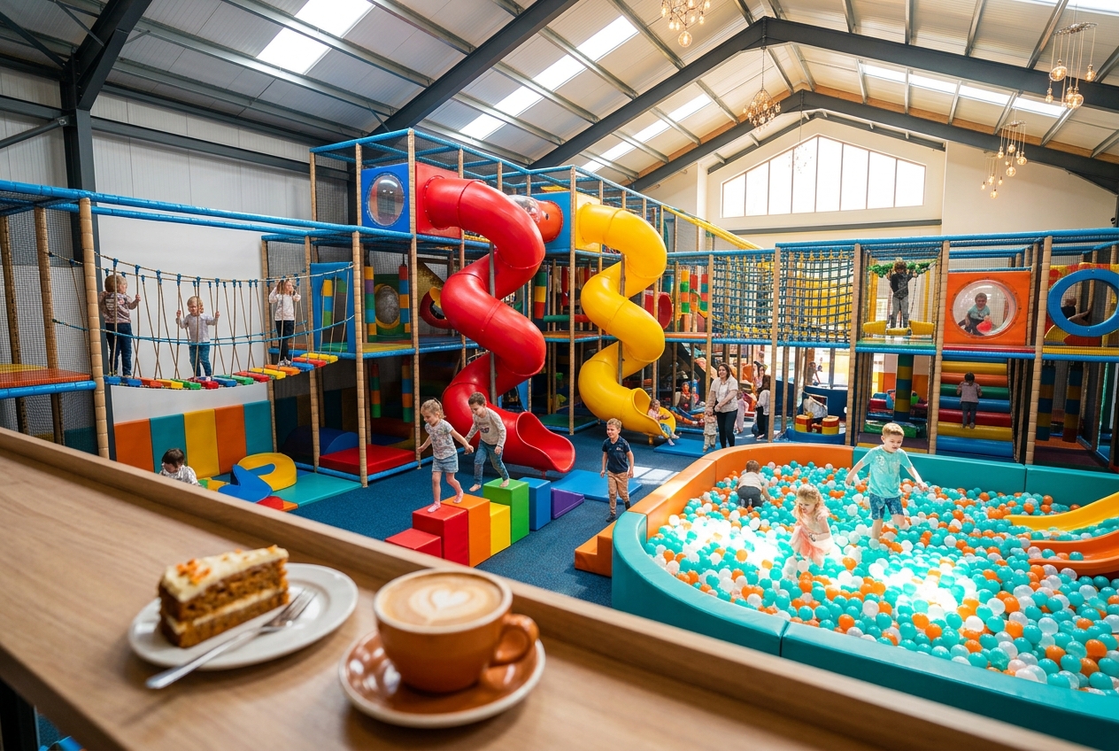 A vibrant indoor children's adventure playground with colorful multi-level slides, ball pits, and an elevated mezzanine viewing cafe overlooking the arena