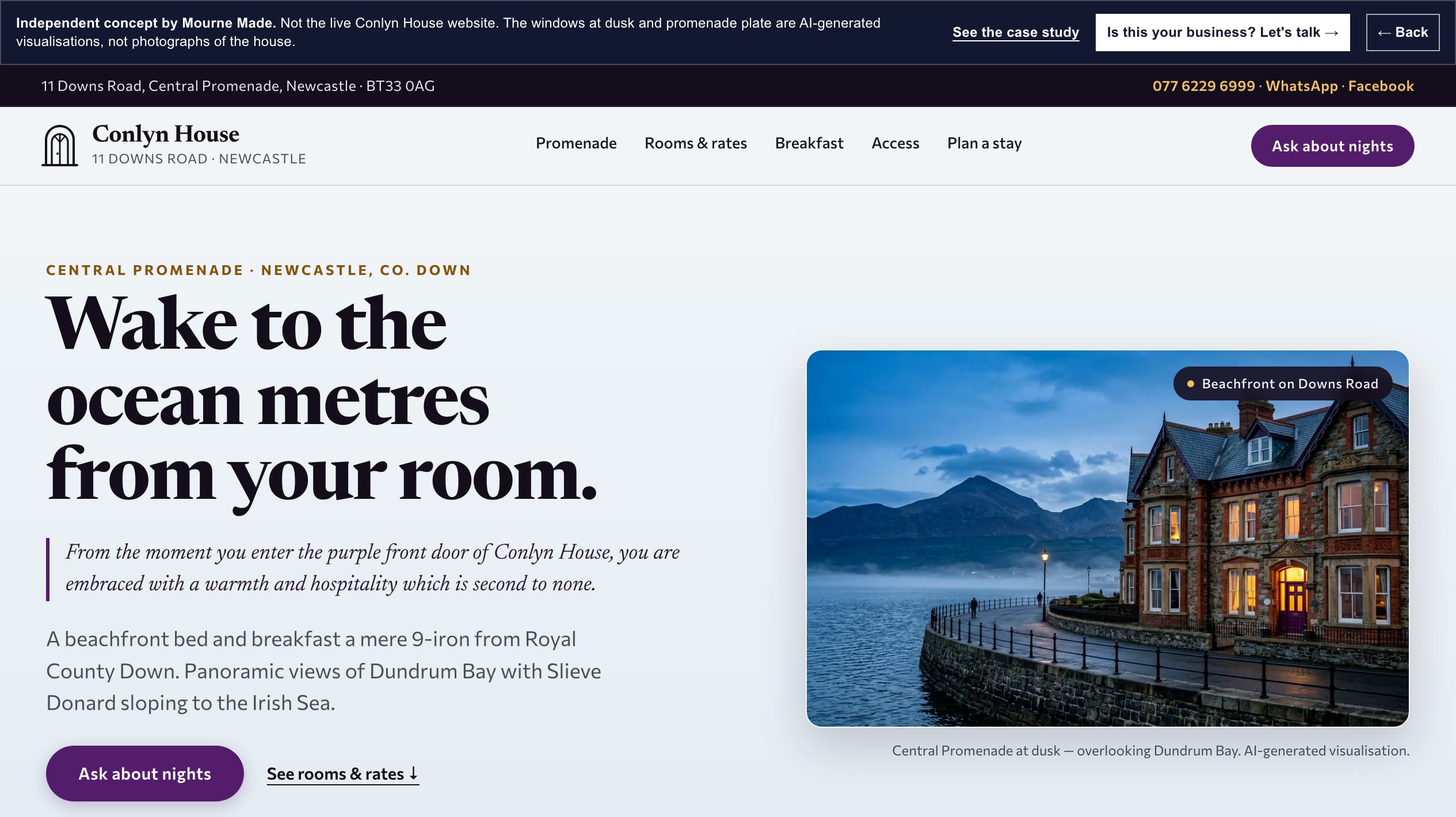 Mourne Made concept opening screen for Conlyn House, captured from the local concept route