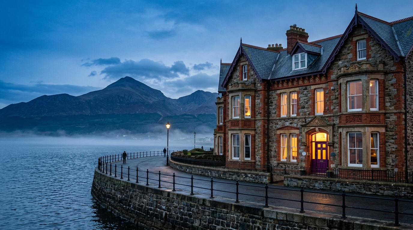 AI-generated scene of a Victorian seaside guesthouse with a purple door on Central Promenade overlooking Dundrum Bay and the Mournes
