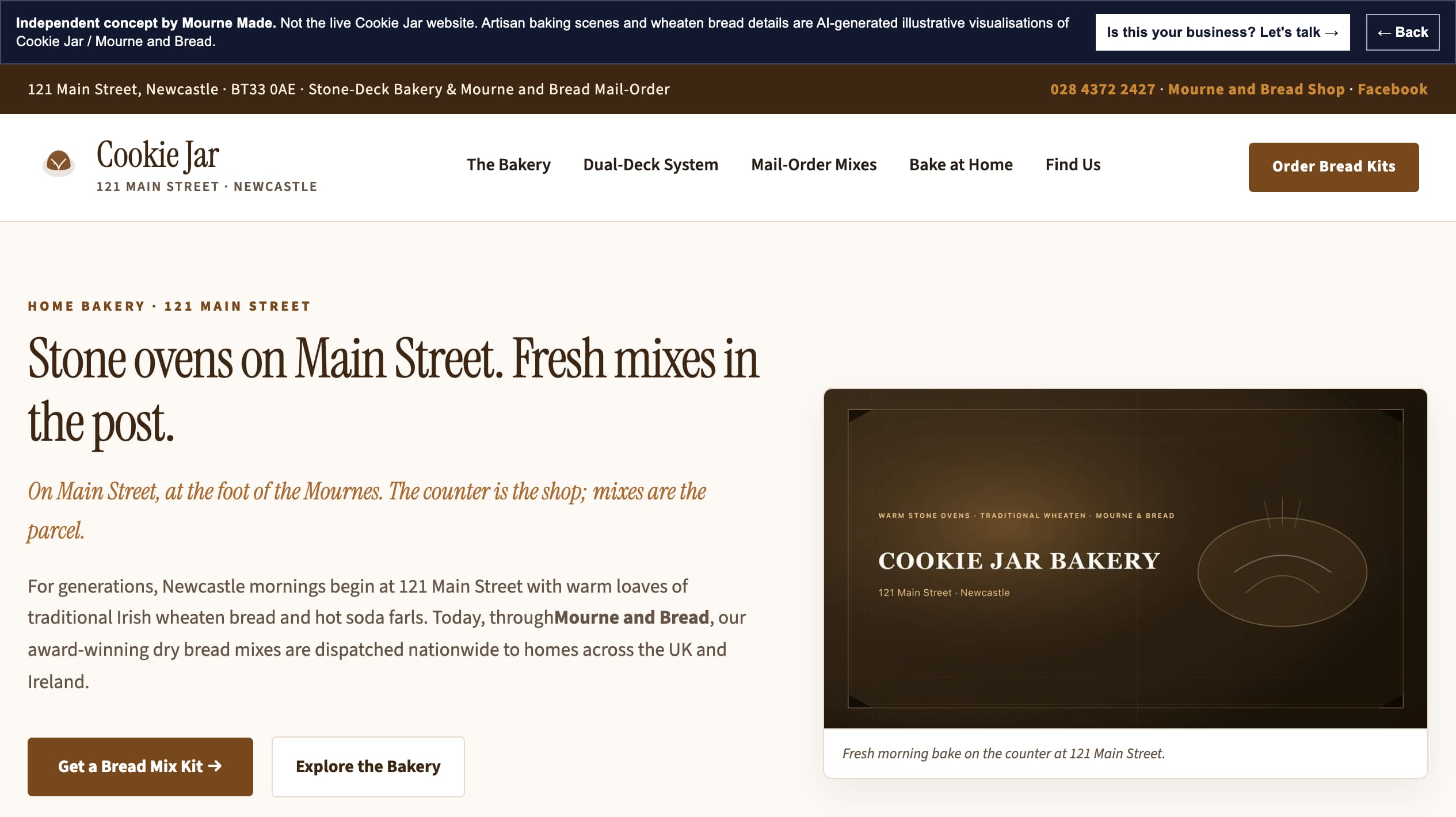 Mourne Made concept opening screen for The Cookie Jar, captured from the local concept route
