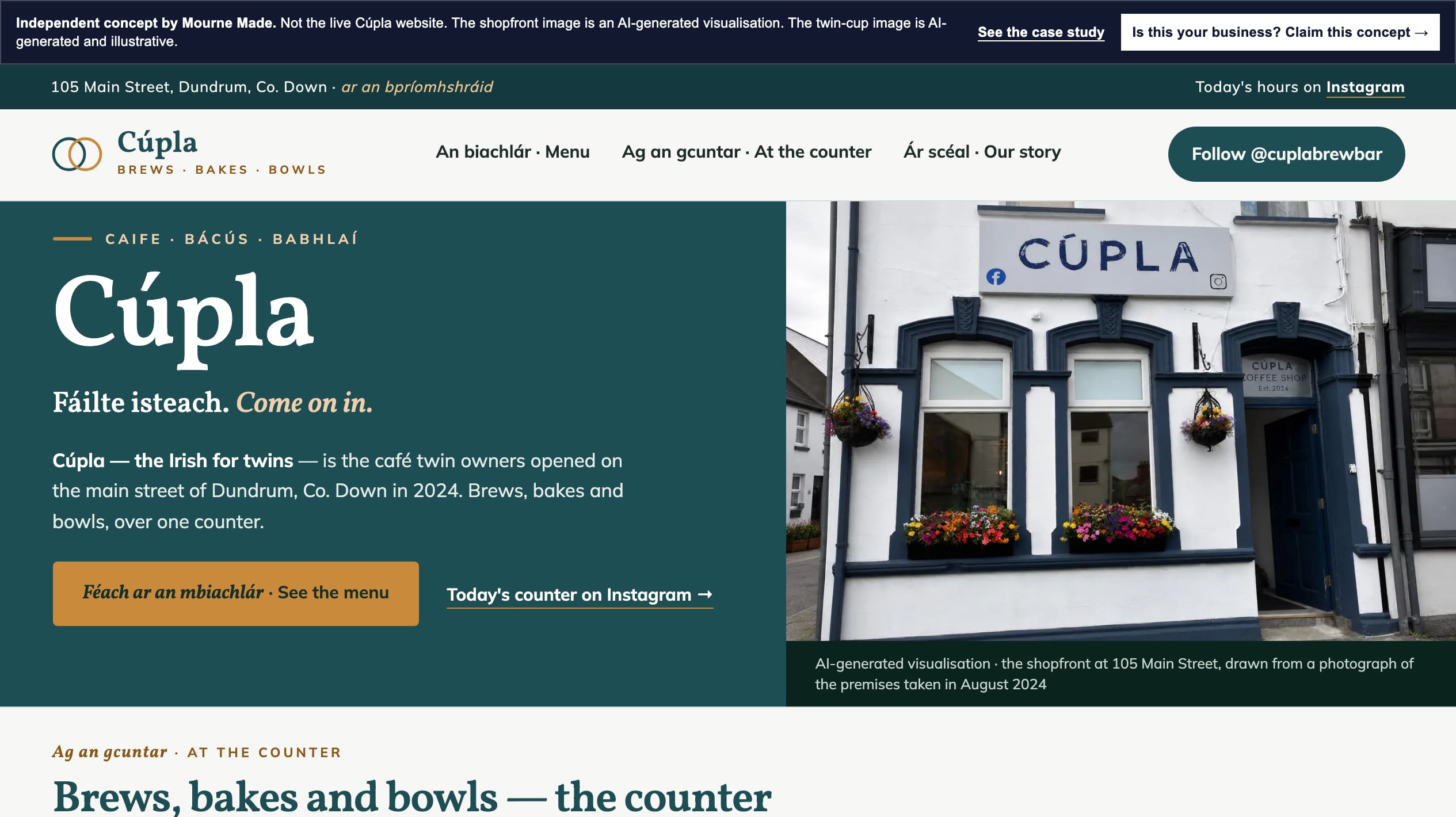 Mourne Made concept opening in petrol, oat and caramel, with the bilingual Fáilte isteach Come on in headline, the twin-ring mark, paired Irish and English copy and a visualisation of the CÚPLA shopfront beside it