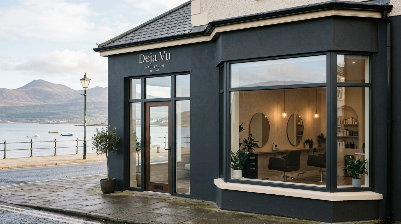 Deja Vu boutique hair salon shopfront at 33 Central Promenade overlooking the sea