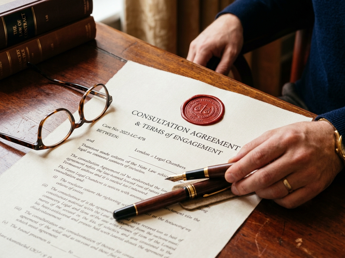 AI-generated illustrative close-up of a solicitor consultation desk with parchment document and wax seal
