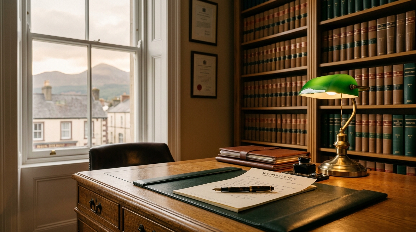 AI-generated illustrative photograph of private legal consultation chamber on Newcastle Main Street overlooking the Mournes