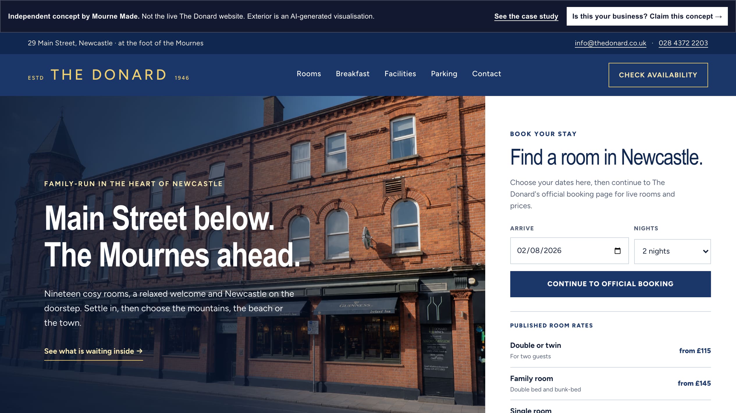 Mourne Made feature concept carrying The Donard's navy-and-gold identity: a disclosed visualisation of its Main Street frontage beside published room rates and an official booking handoff
