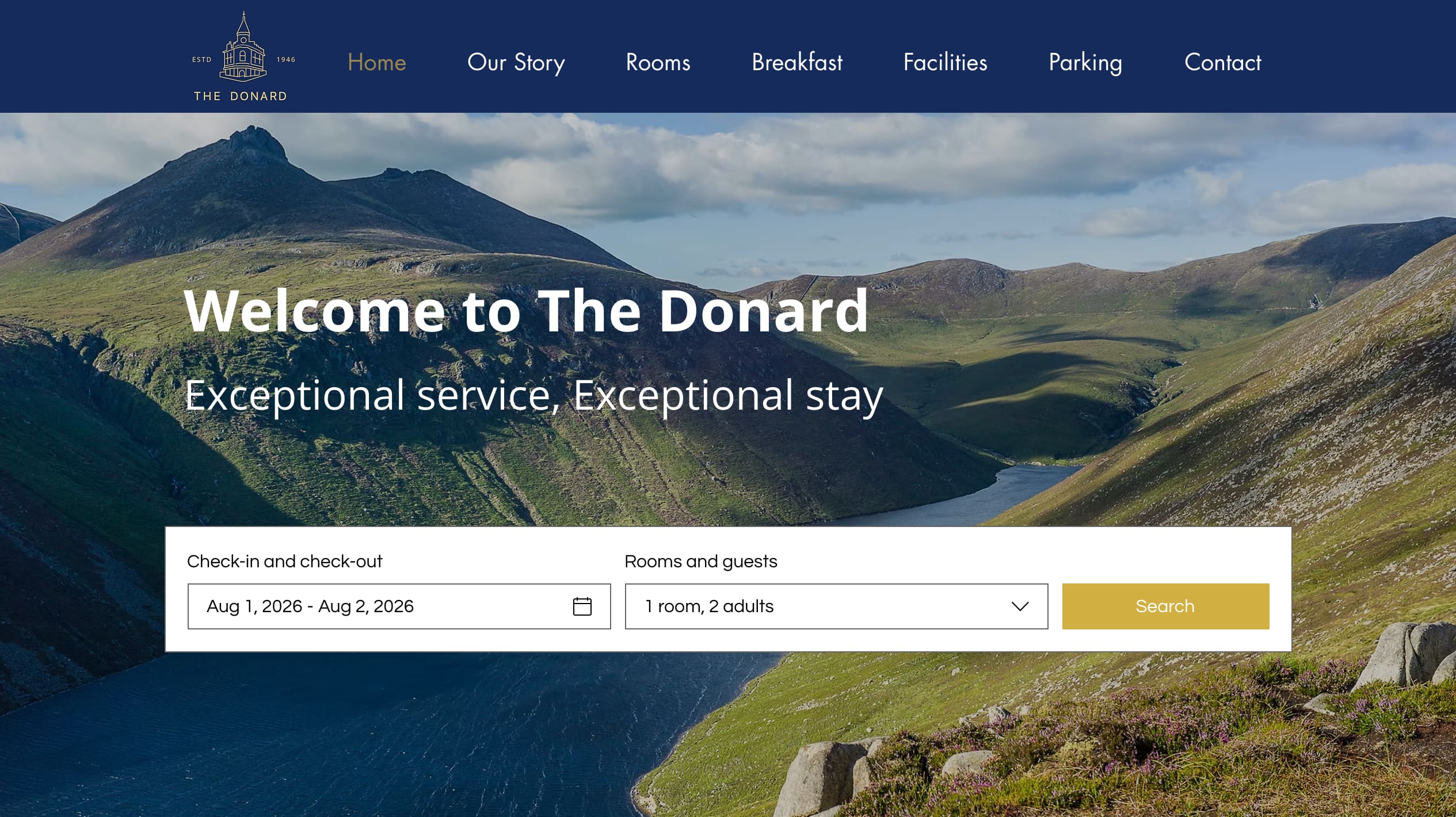 The Donard's current official homepage in navy and gold: its building logo and navigation above a wide Mournes landscape, welcome line and booking search