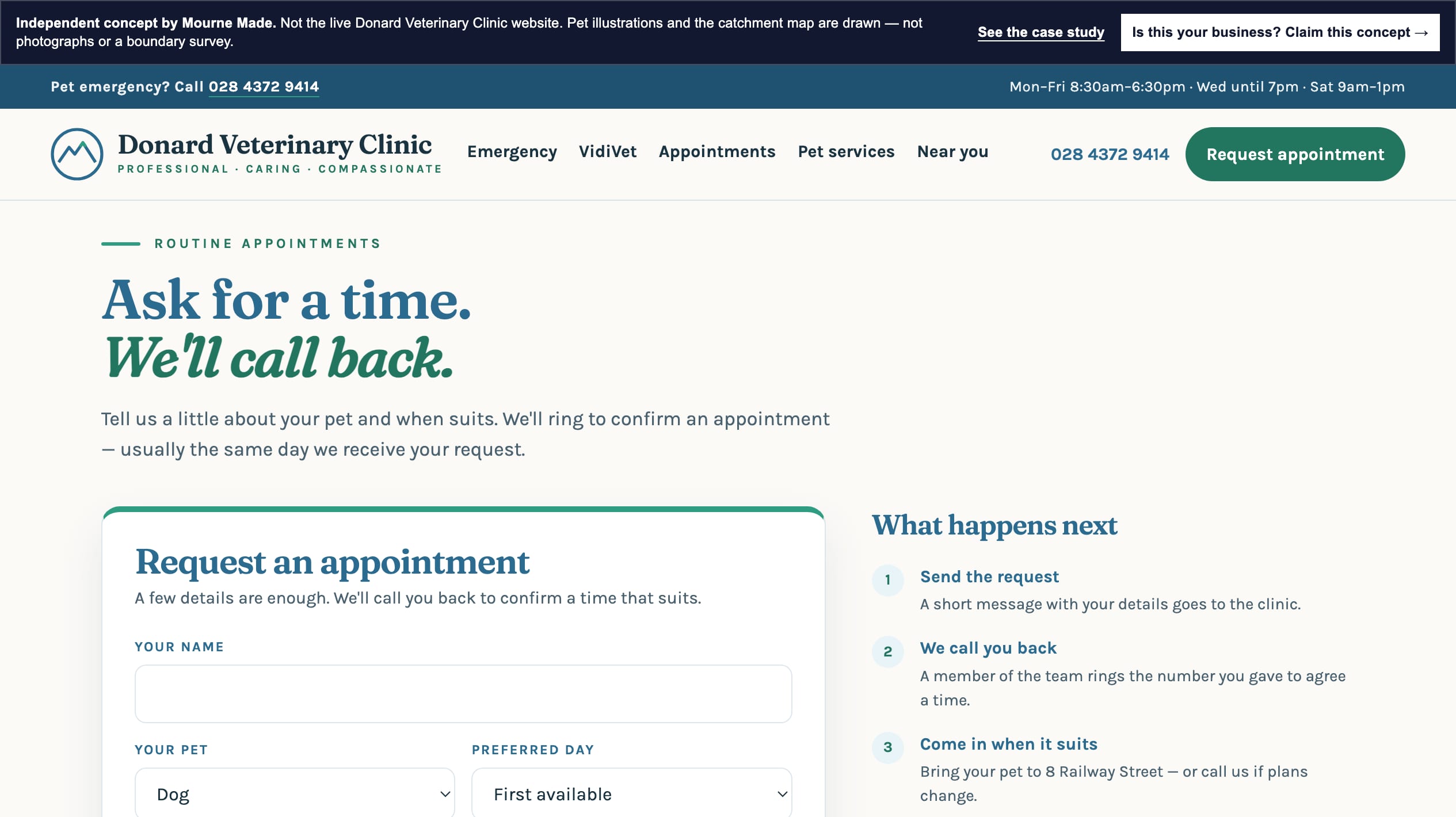 Donard Veterinary appointments concept: the clinic header above two columns — an appointment request form on the left and an out-of-hours emergency card in clinic blue on the right