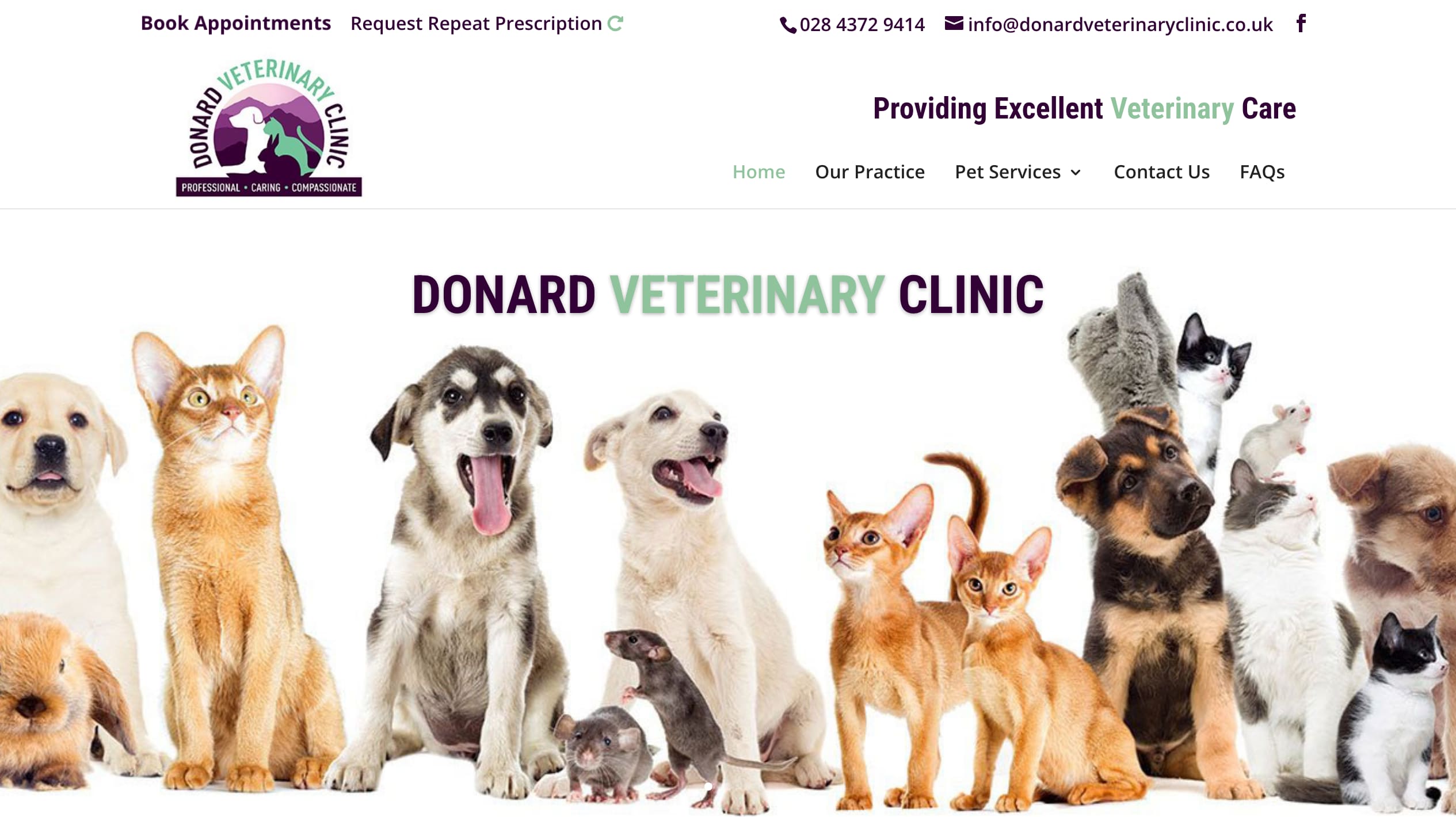 Donard Veterinary Clinic's current homepage: the practice badge and menu above a wall-to-wall collage of stock puppies and kittens, with the auto-opening PetsApp chat panel collapsed so the page is visible