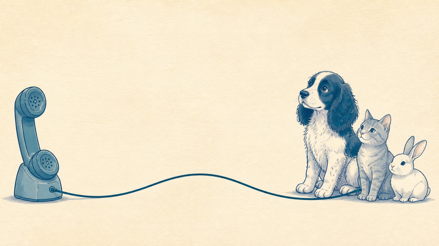 AI-generated illustration of A clinic telephone line reaching a young dog, cat and rabbit
