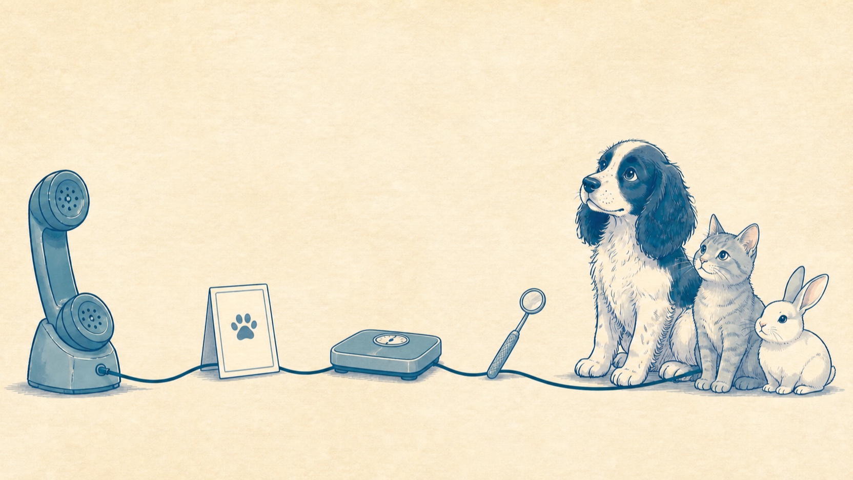 AI-generated illustration of The same telephone line connecting the animals with routine-care symbols