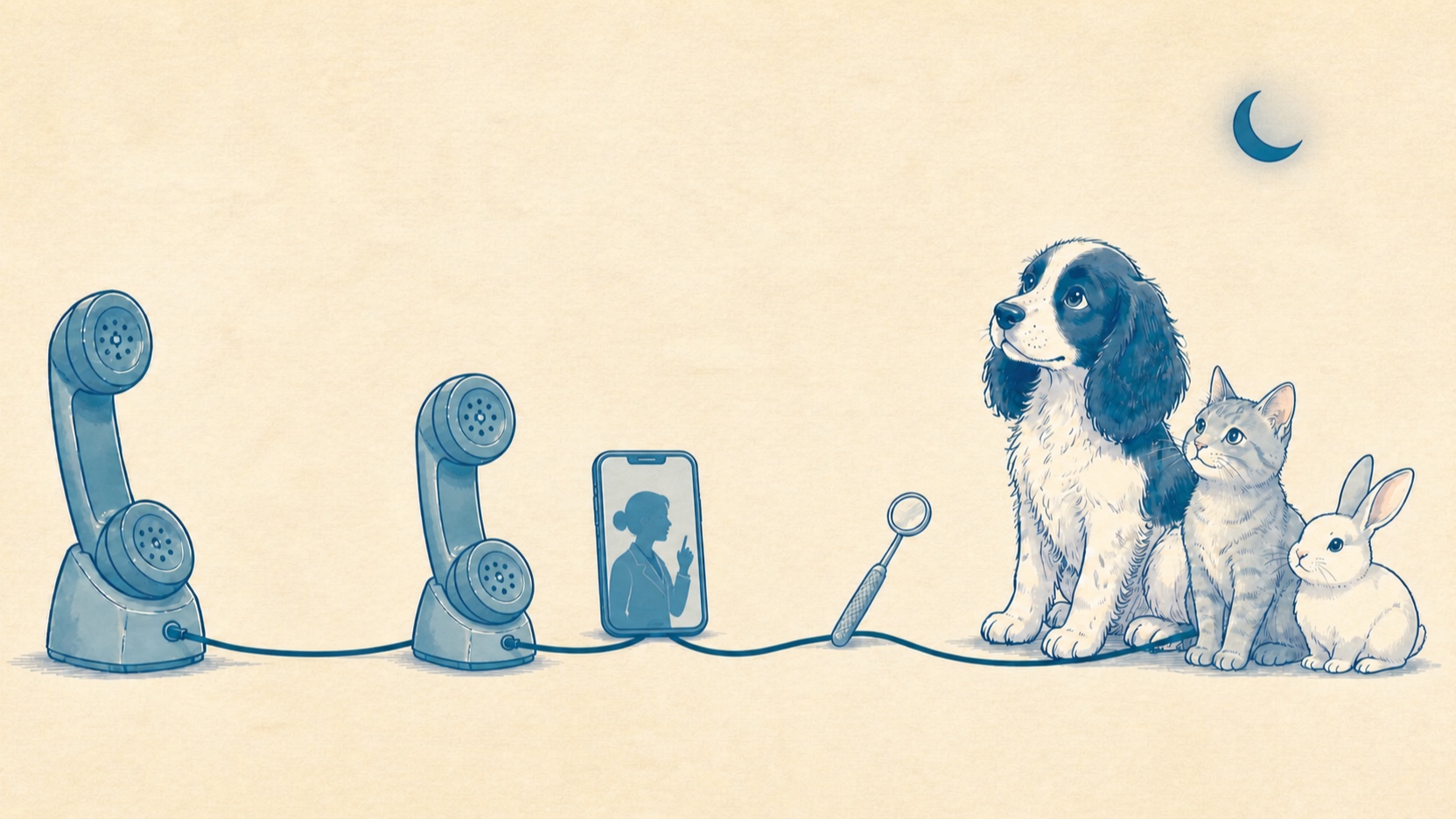 AI-generated illustration of The line connecting a worried owner at night with an on-call handset and digital vet help