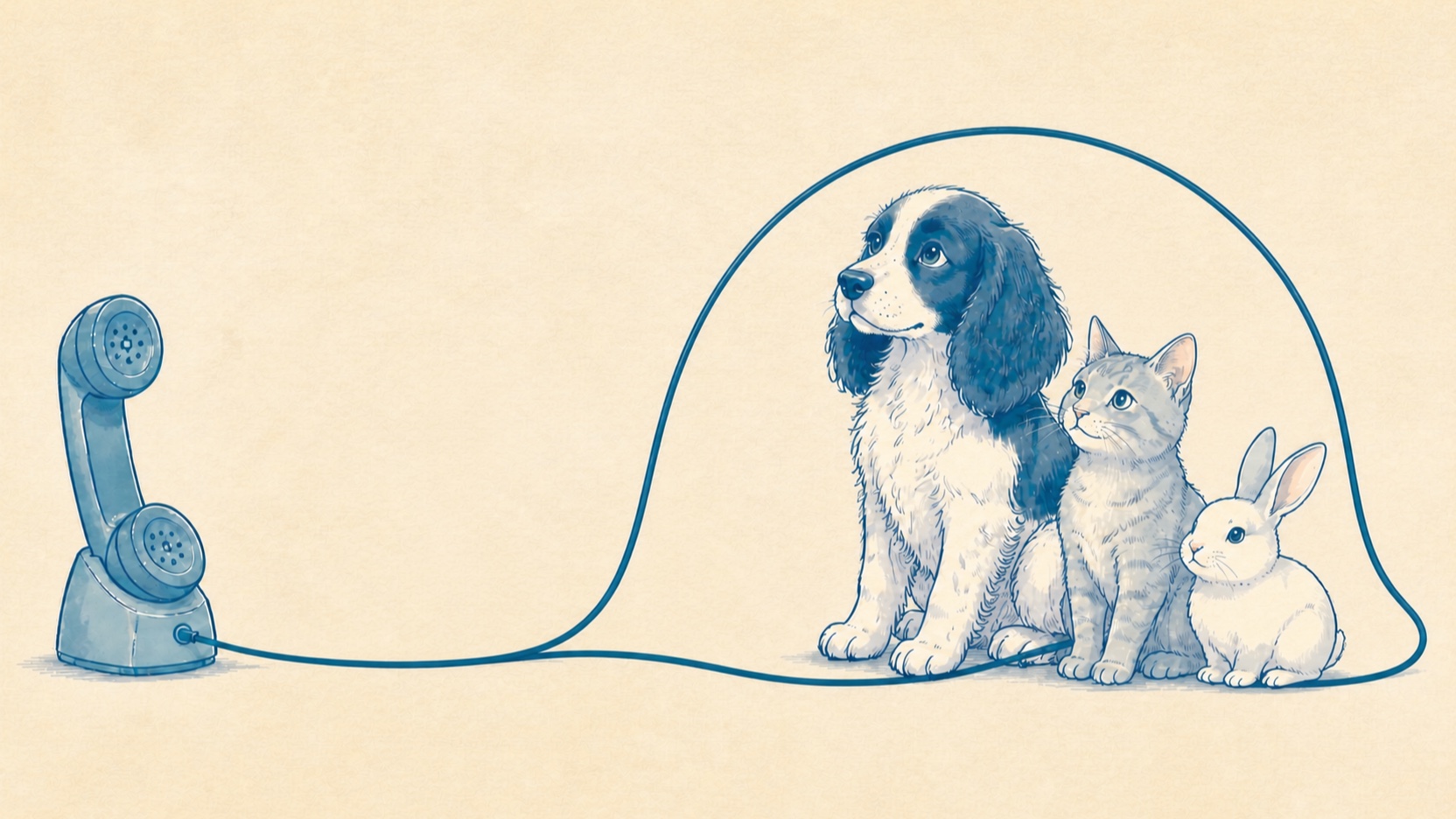 AI-generated illustration of The telephone line loosely sheltering the same dog, cat and rabbit as adults