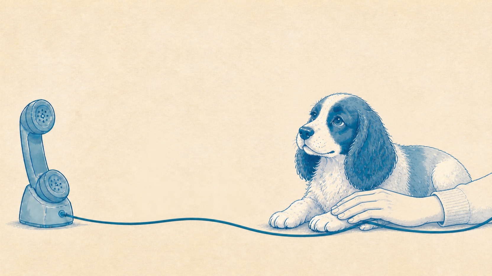 AI-generated illustration of An older spaniel resting beside an owner’s hand while the telephone line settles around its paw
