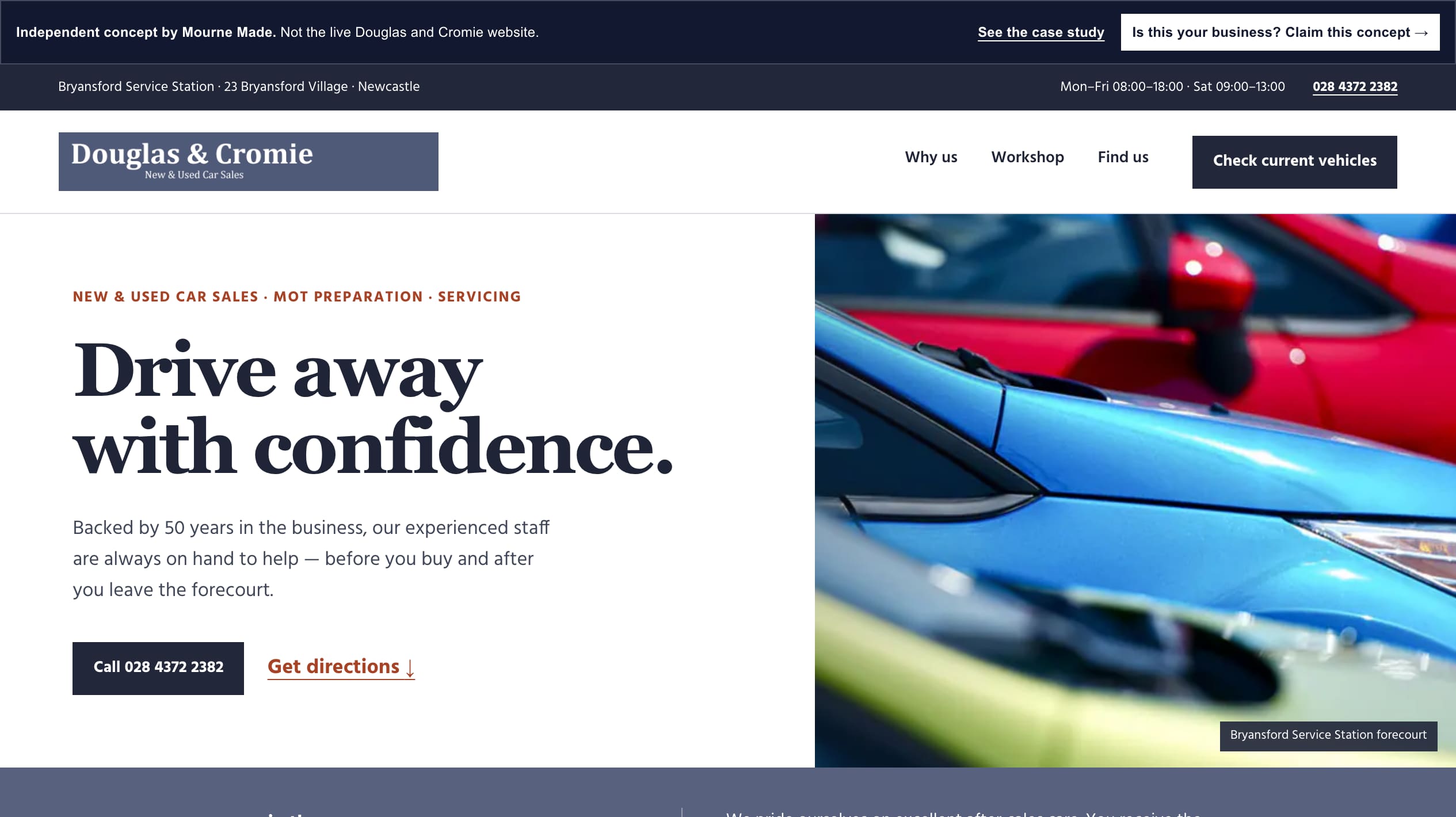 Mourne Made concept preserving Douglas & Cromie's slate wordmark and colourful vehicle photography beside a Drive away with confidence headline and direct phone action