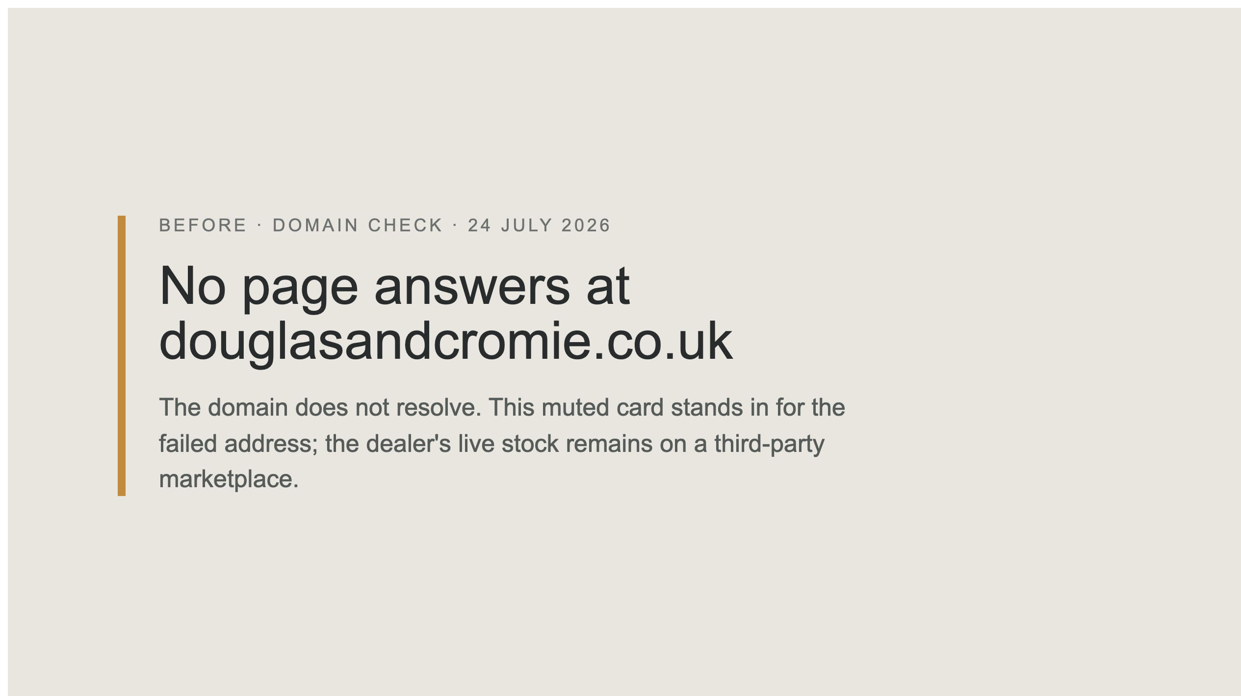 Douglas & Cromie's current website: a muted card standing in for douglasandcromie.co.uk, which does not resolve — the domain returns no page at all