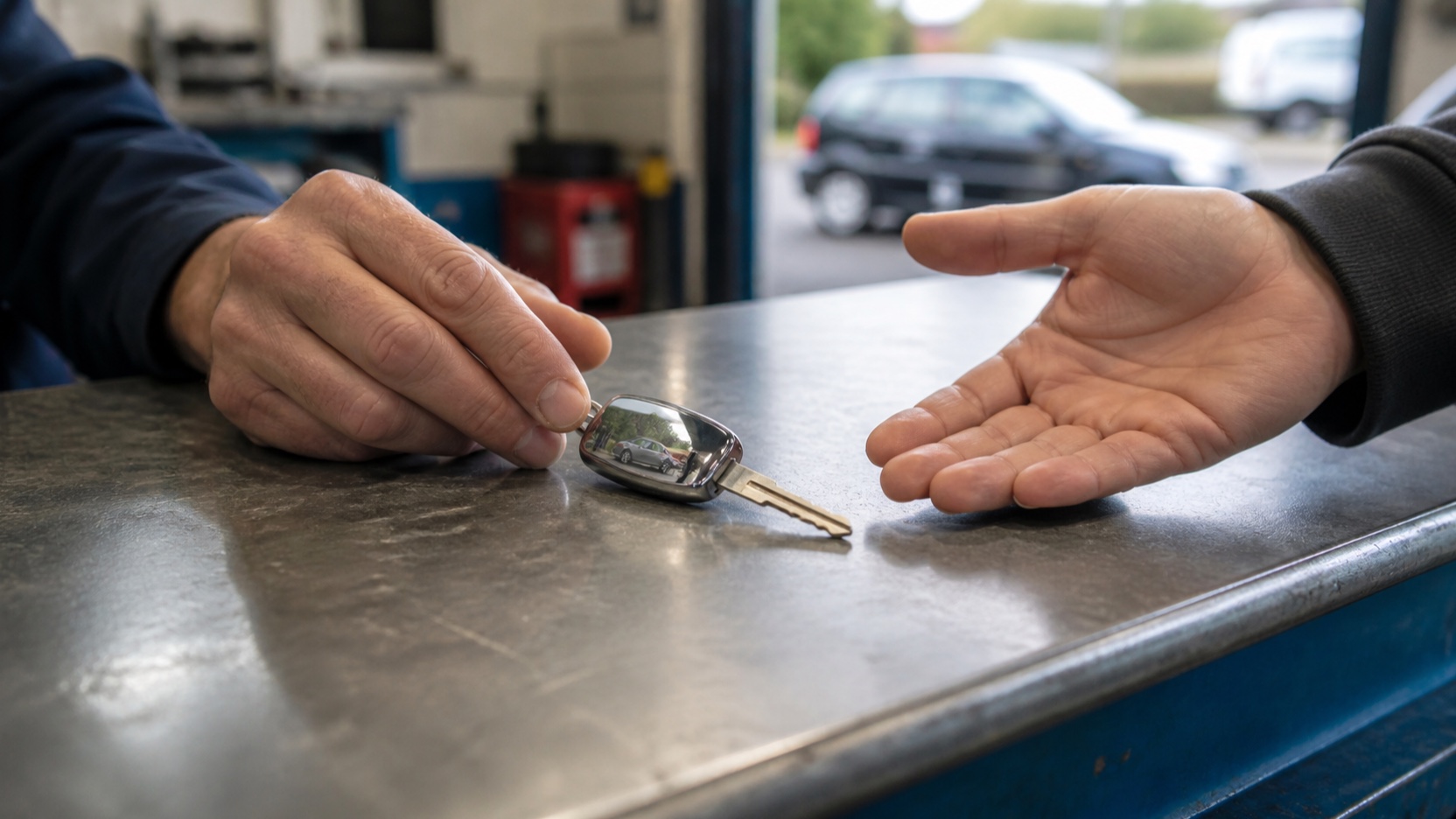 AI-generated scene of a plain car key arriving at a garage service counter