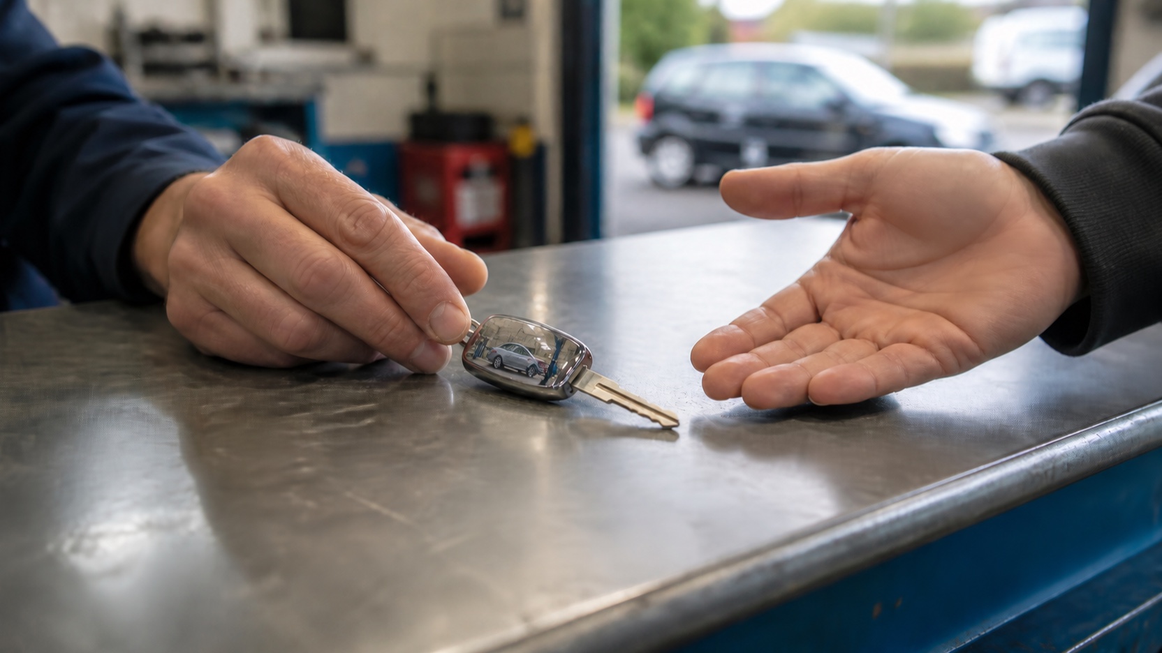 AI-generated scene of the same key held at the counter while the car is cared for in the workshop