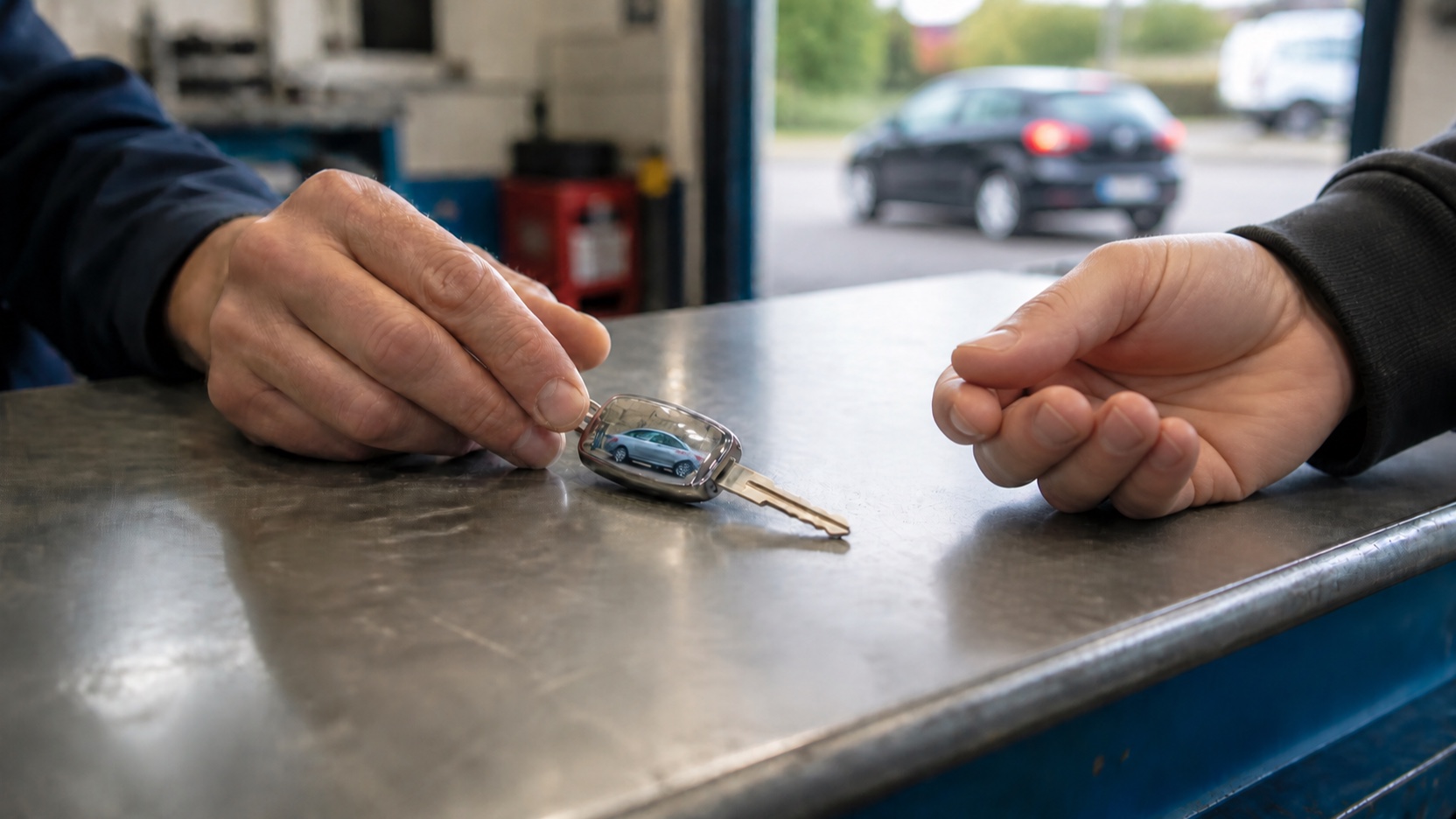 AI-generated scene of a hand closing around the same key, ready to return to the road
