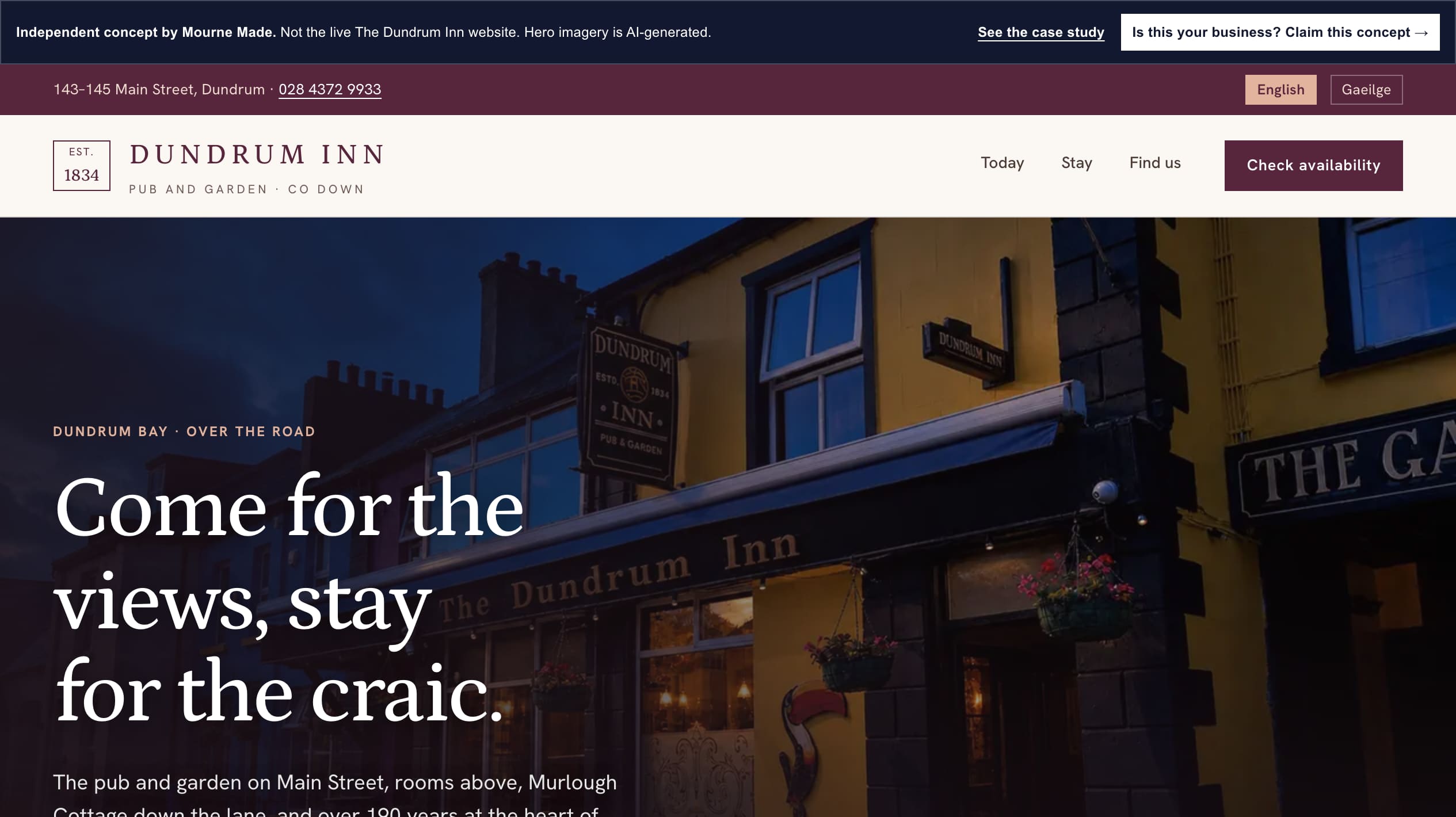 Mourne Made concept in the Inn's plum and cream: the 1834 crest wordmark and a Come for the views, stay for the craic headline over a full-width visualisation of the Inn's yellow-and-black frontage, labelled on the image as AI-generated, with English and Gaeilge offered where the translation dropdown was