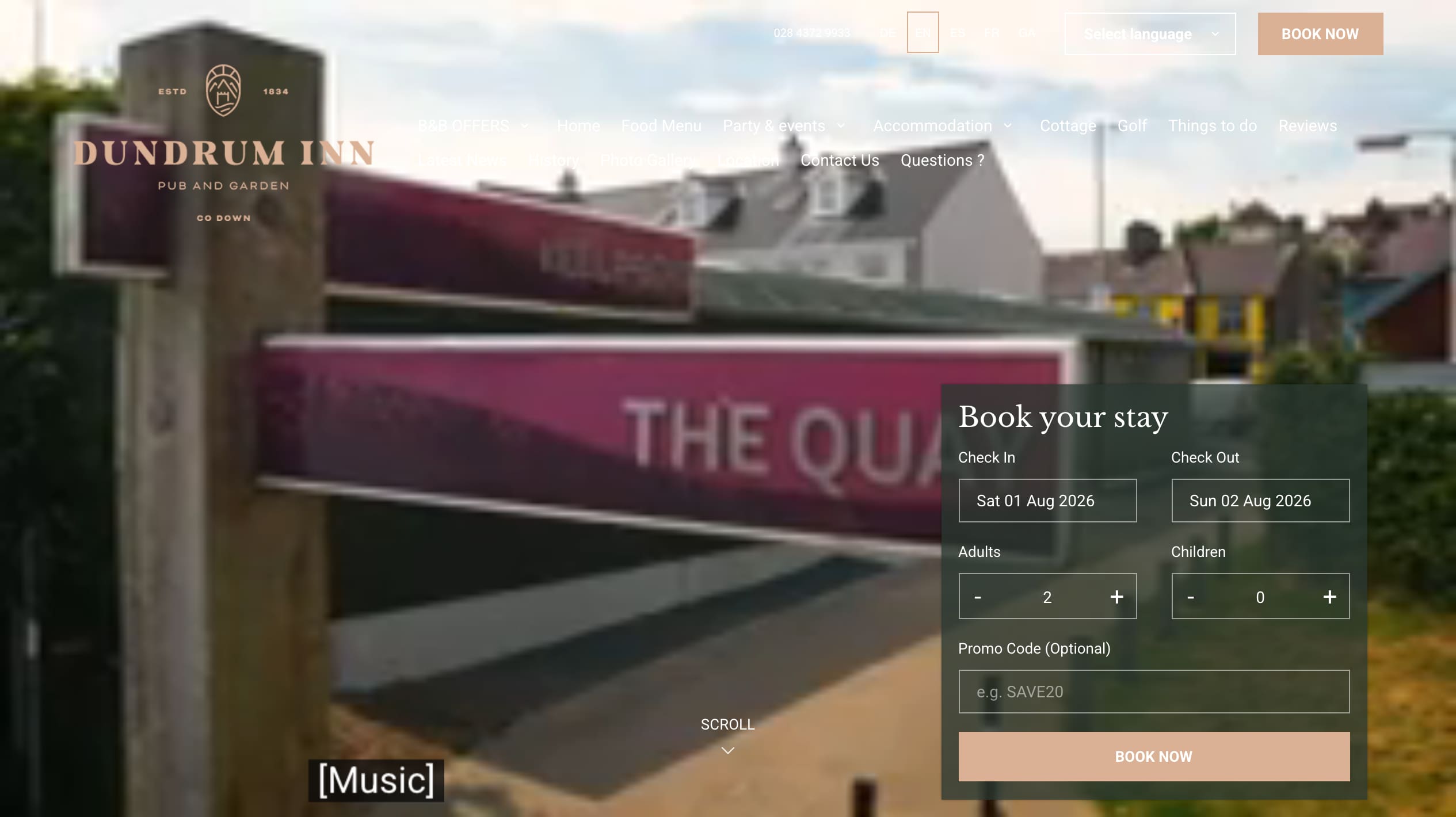 The Dundrum Inn's current homepage: the GuestDiary site opening on a silent video of a Dundrum signpost, under a two-row menu and a Select language dropdown, with a Book your stay card across the lower right