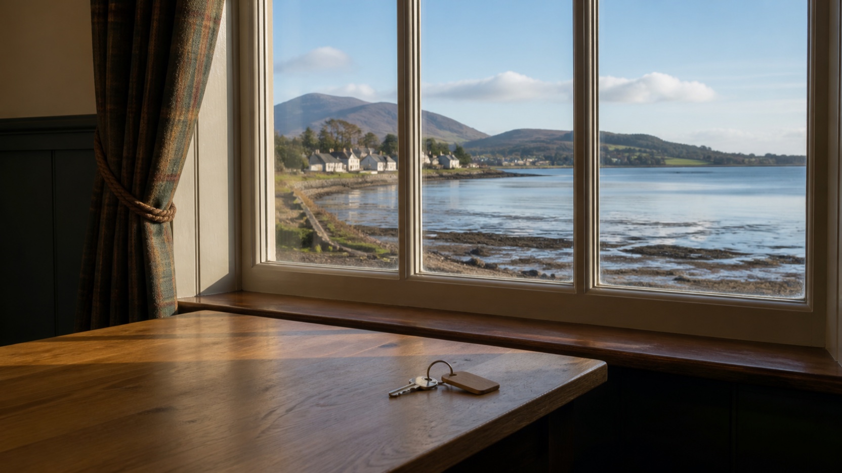 AI-generated indicative scene of a room key on a table beside Dundrum Bay in daylight