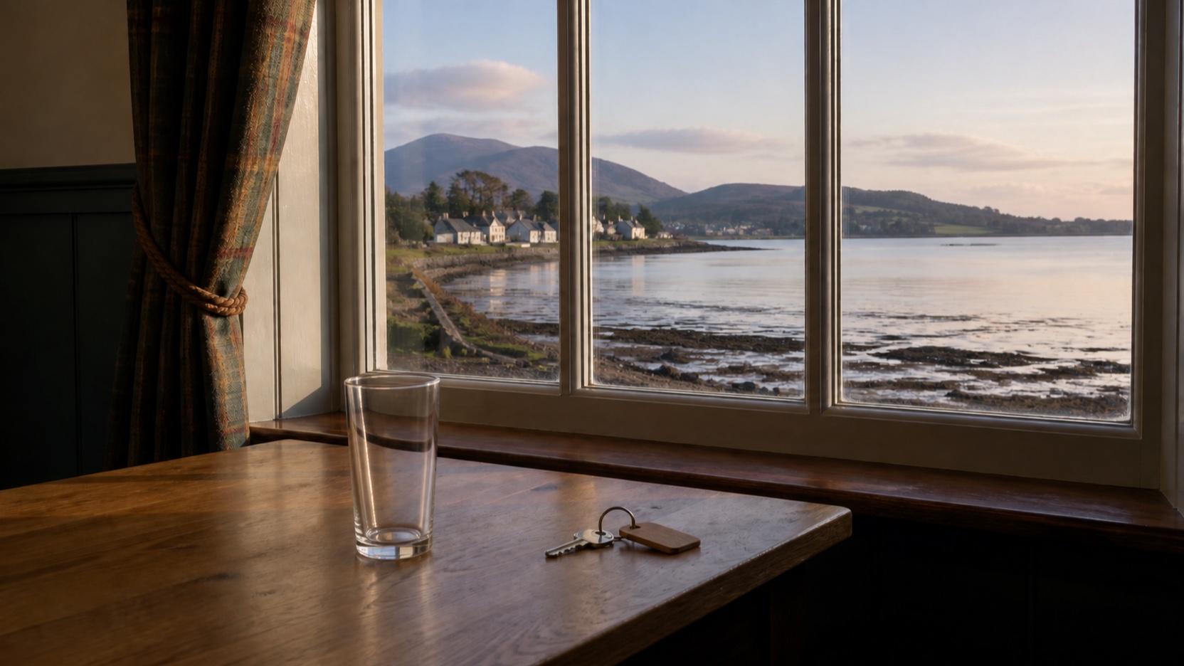 AI-generated indicative scene of the same key and an empty pub glass in late-afternoon light