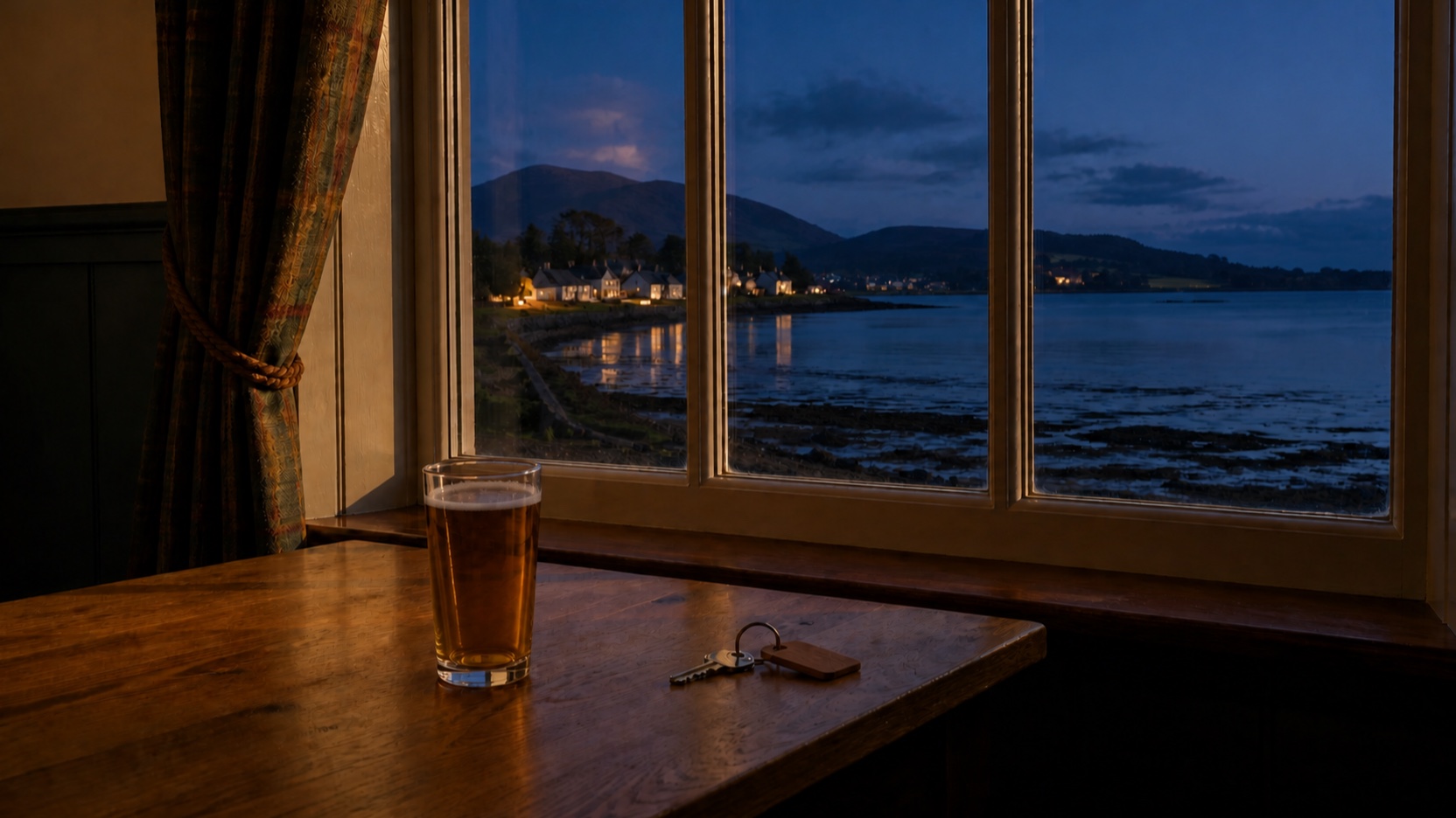 AI-generated indicative scene of the same table at blue hour with a warm amber drink and room key