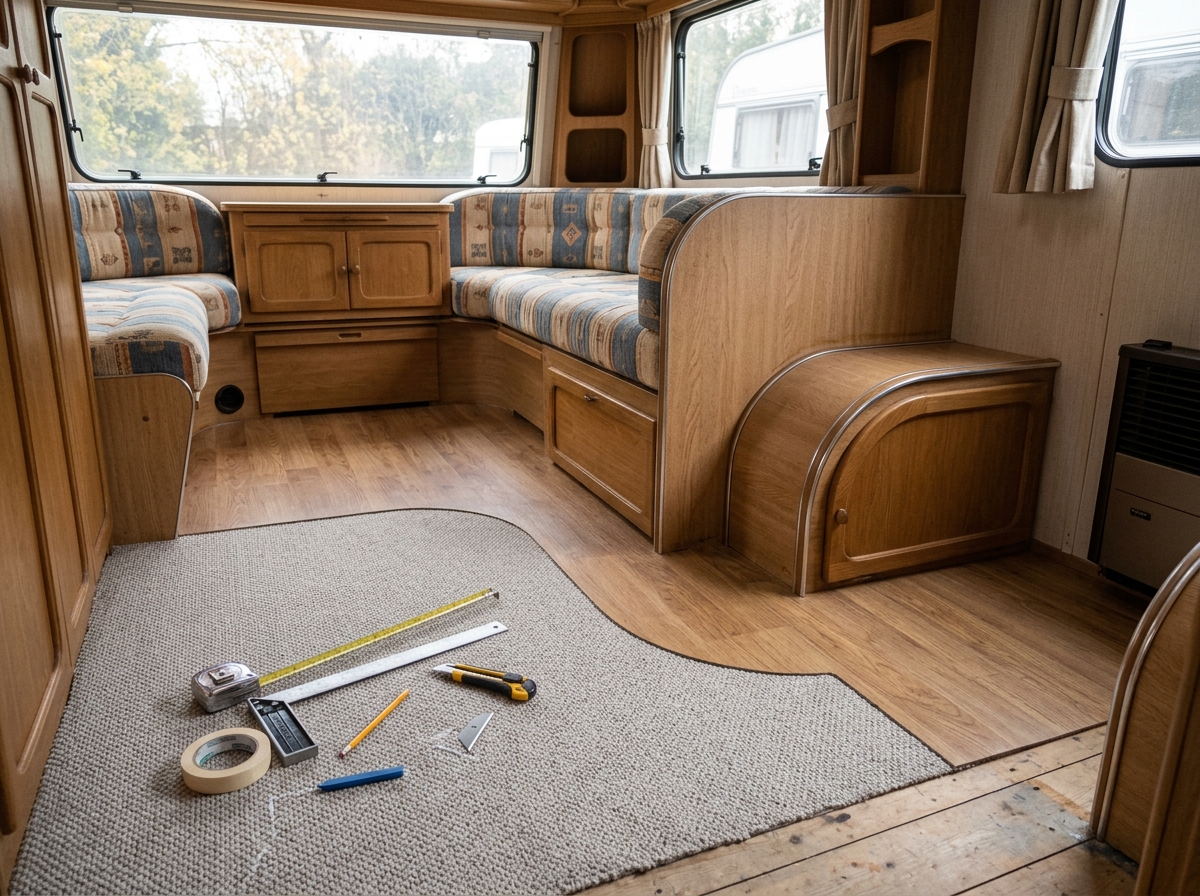 Illustrative view inside a touring caravan mid re-floor: fresh neutral carpet and vinyl cut precisely around the curved interior and wheel-arch boxes, with a measuring tape and offcuts