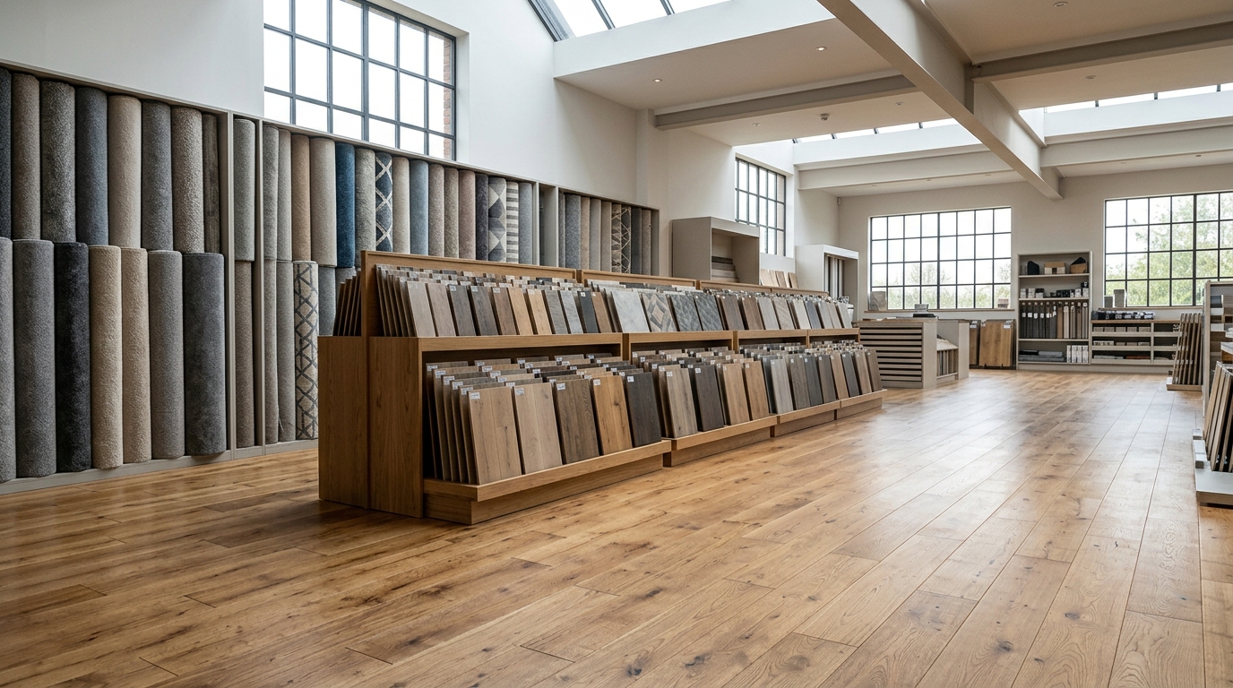 Illustrative view inside the First 4 Floors showroom at Unit 2, 63a Castlewellan Road: carpet rolls, tiered vinyl and laminate sample racks, and oak planks laid across the floor in morning daylight