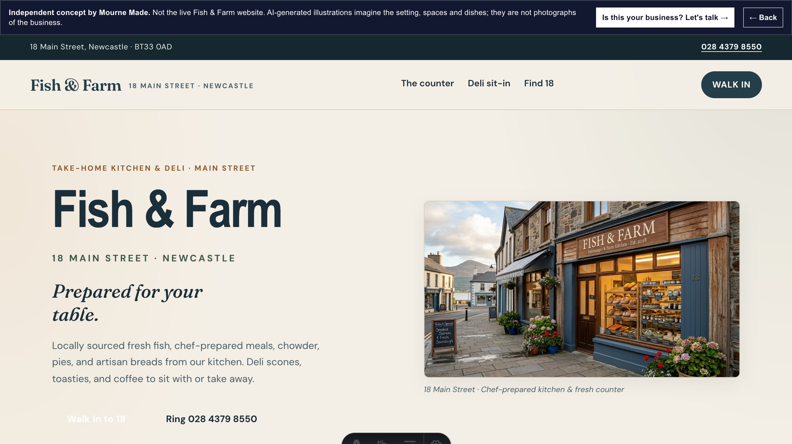 Mourne Made concept opening screen for Fish & Farm, captured from the local concept route