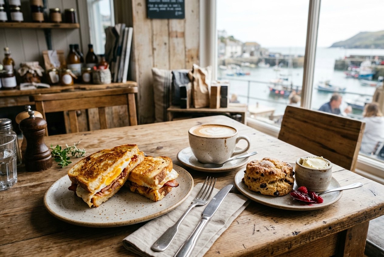 Warm breakfast toasties, flat white coffee and fresh scones on a wooden cafe table