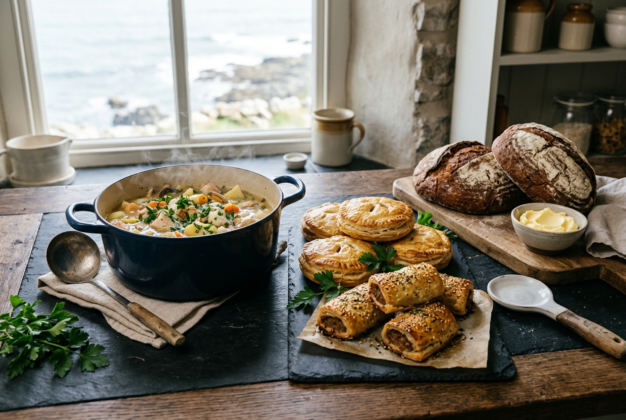 Steaming pot of fresh seafood chowder, golden fish pies and artisan bread on counter