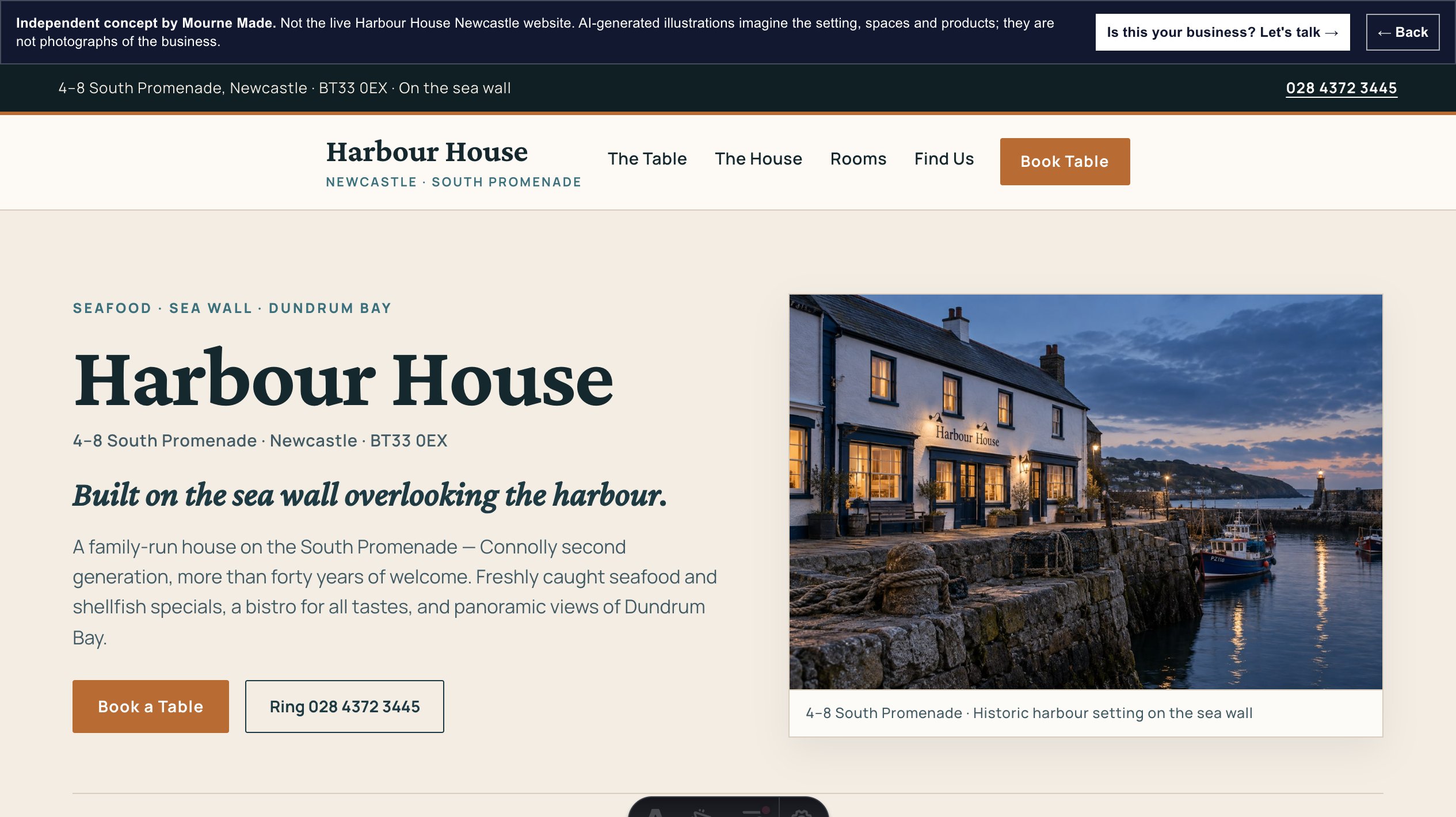 Mourne Made concept opening screen for Harbour House Newcastle, captured from the local concept route