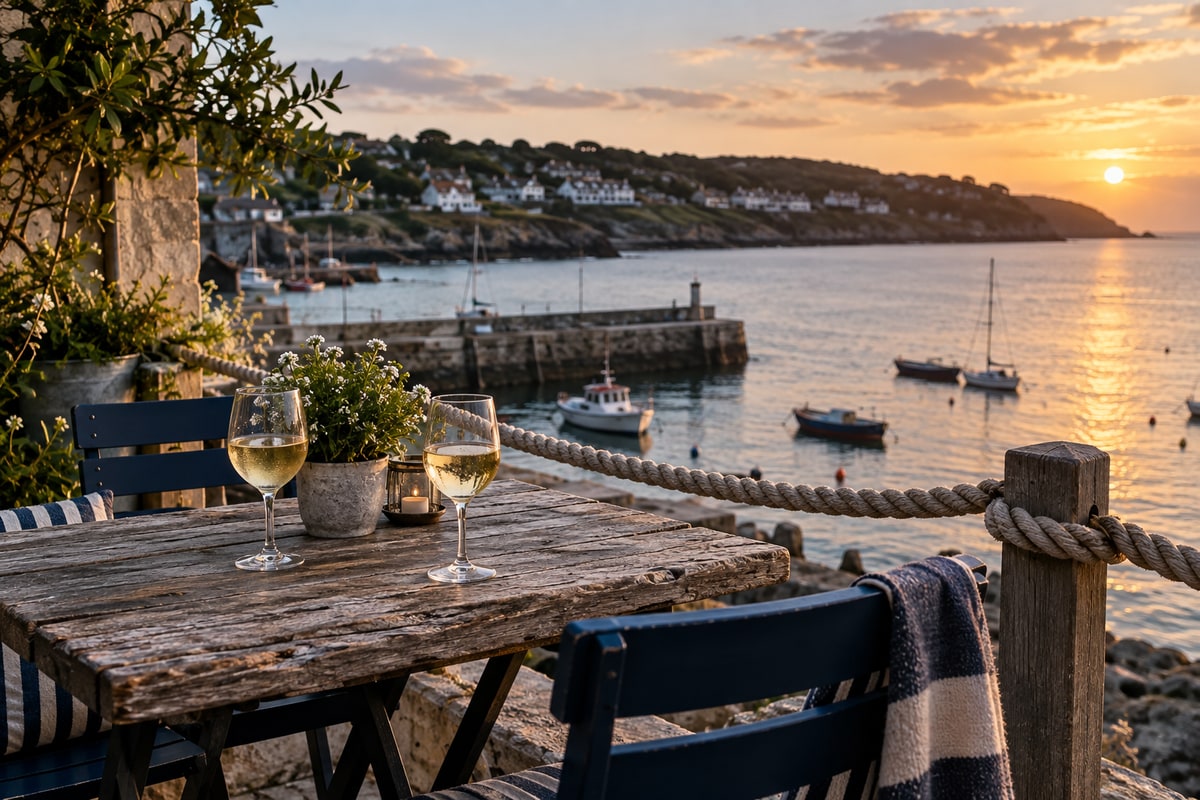 Water Edge Terrace with drinks overlooking Newcastle harbour and Dundrum Bay