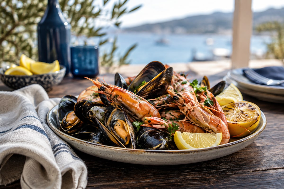 Platter of fresh locally landed seafood and shellfish served overlooking the bay