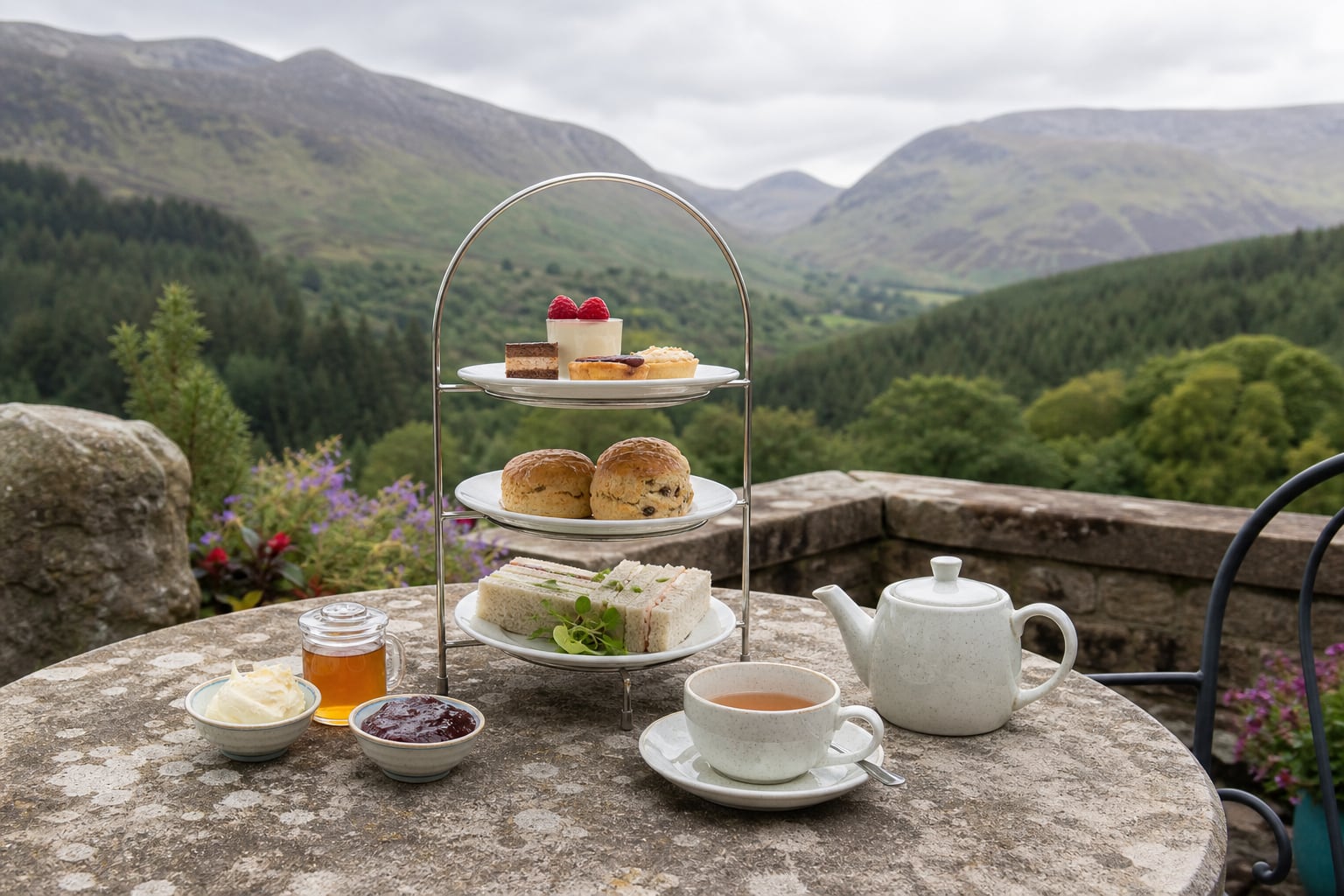 Afternoon tea on a stone terrace above a wooded valley