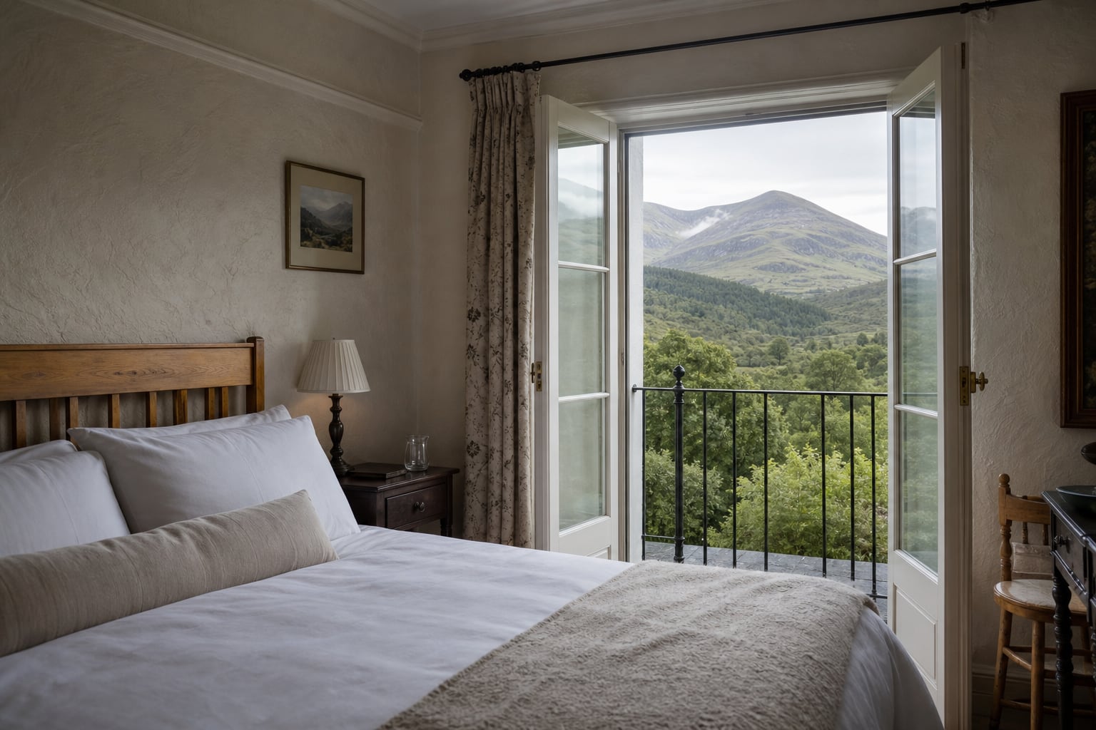 A country-house bedroom opening toward a mountain valley
