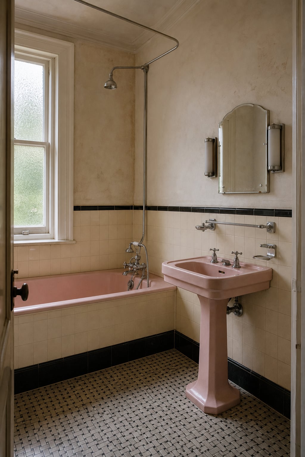 Room 6's pink art-deco bath and matching basin with chrome taps