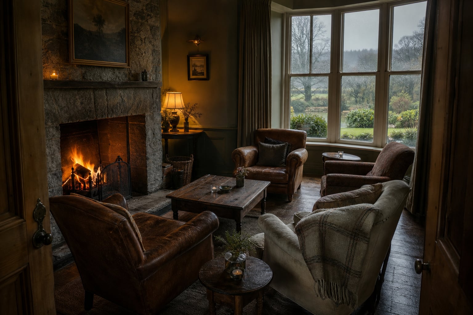 A country-house lounge beside an open fire