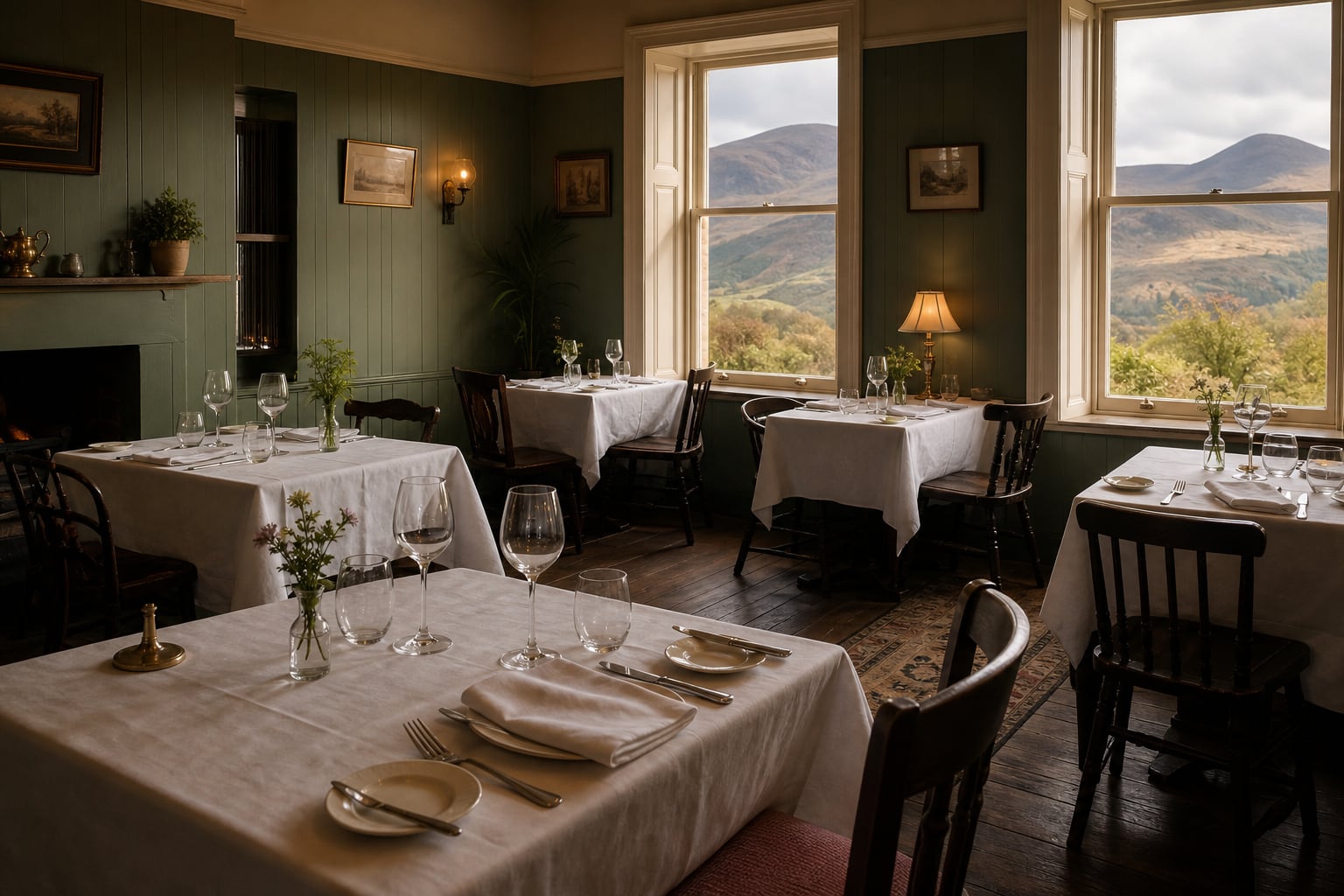 A small country-house restaurant overlooking mountain slopes
