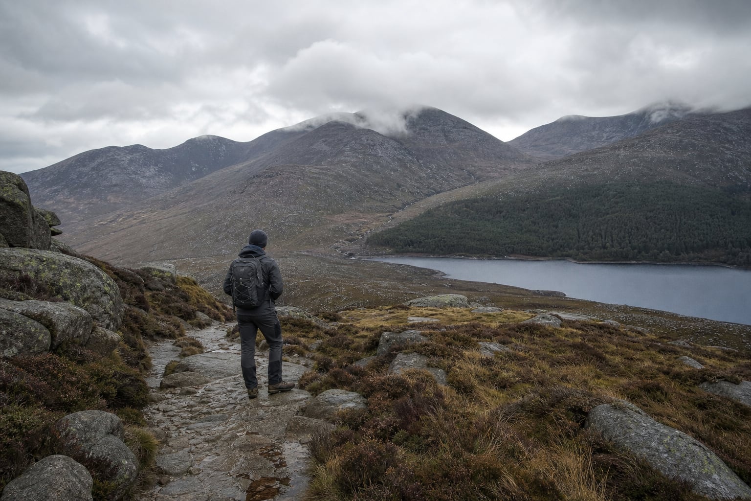 A hillwalker above a reservoir in the Mournes