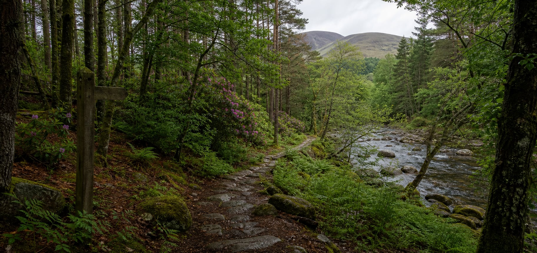 A woodland path beside a river in the Mourne foothills