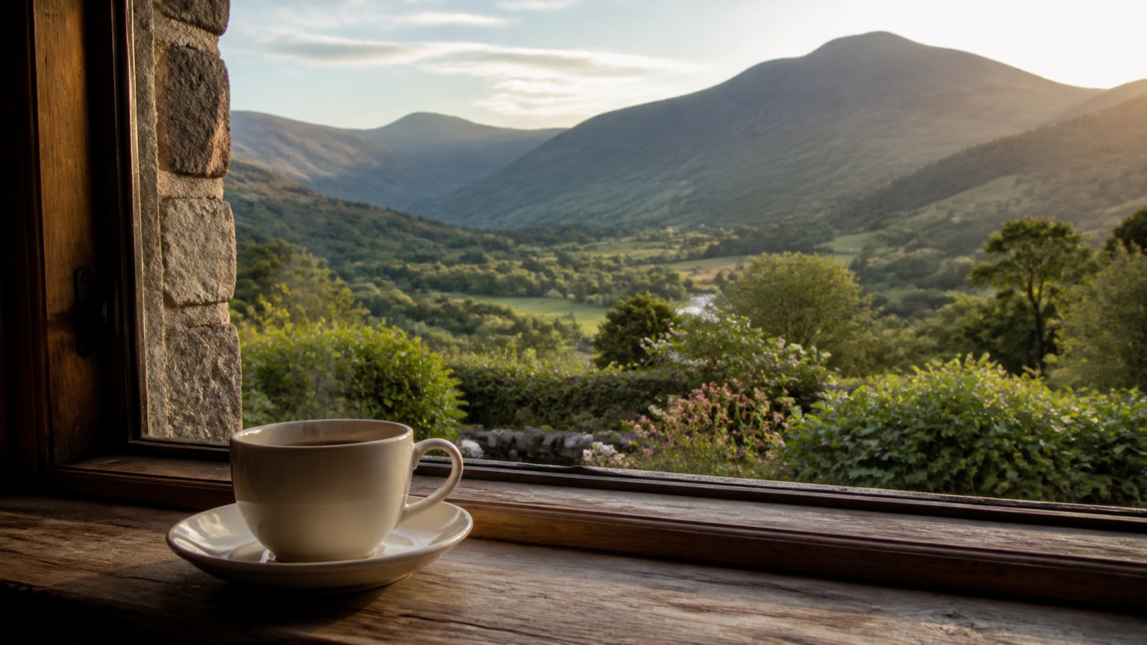 AI-generated indicative scene of a steaming breakfast cup beside a window over the Shimna Valley